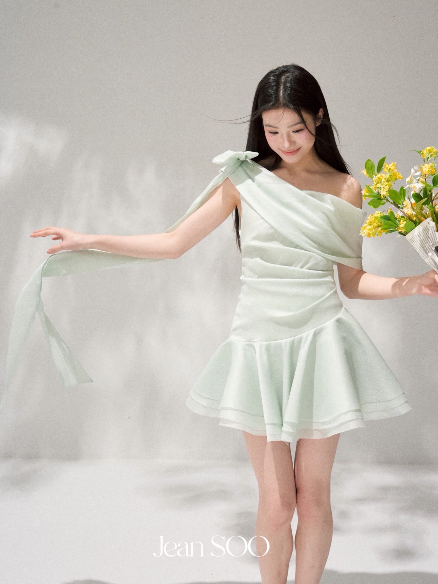 JEAN SOO Sweet Vacation Pink Satin Slopeing Shoulder Mini Dress