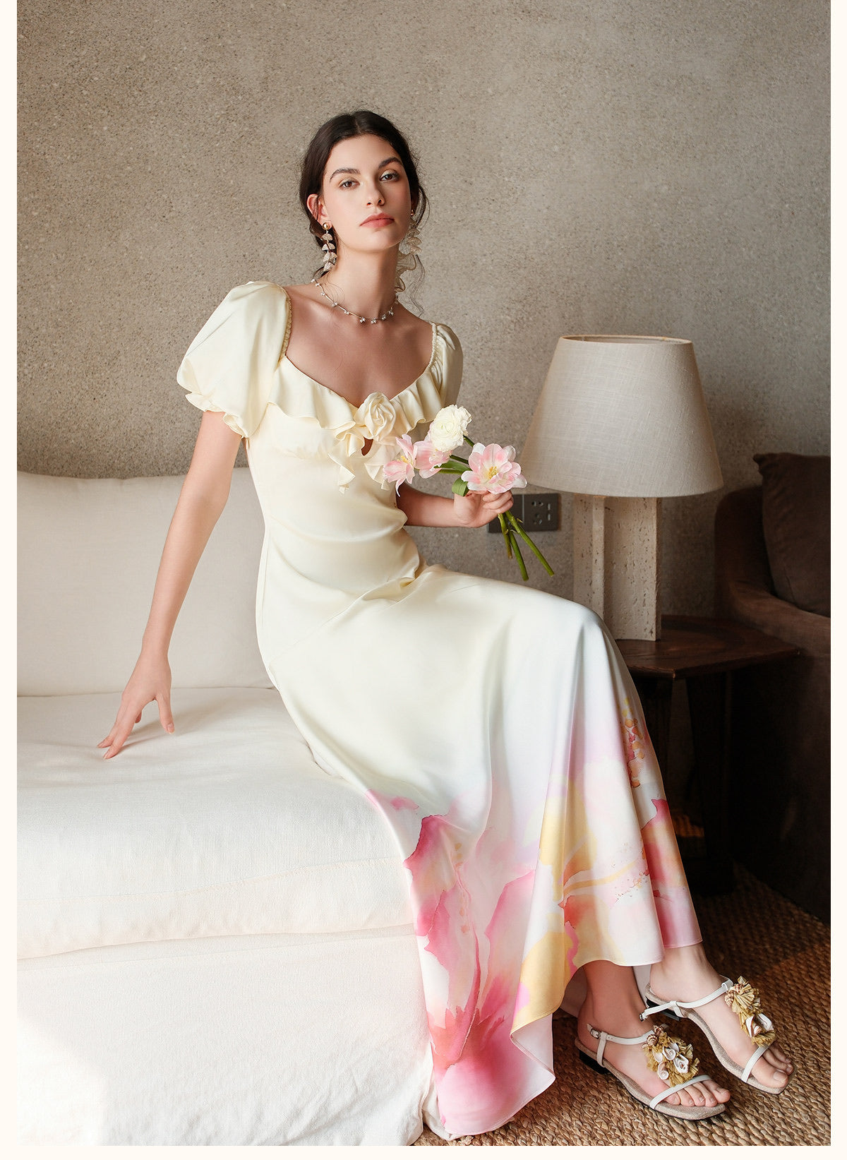 SHEERLUCK Yellow Floral Florette Vacation Maxi Dress