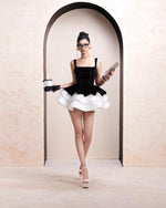 Black and White Color-block Square Neck Waist-cinching Ruffled Mini Dress
