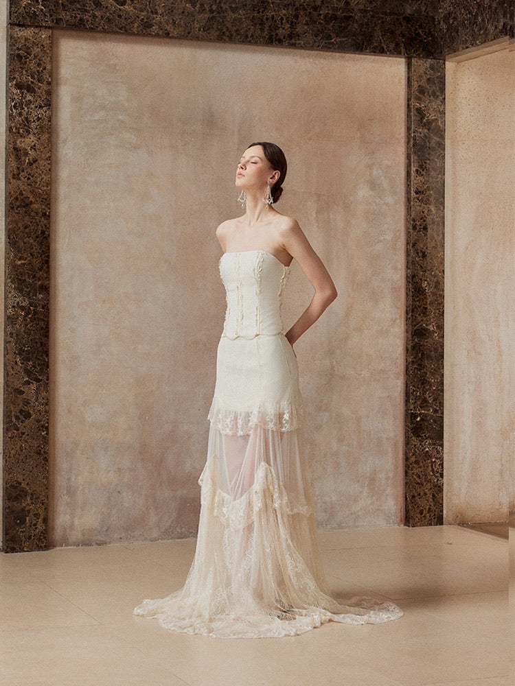 Fa sogno White Lace Top & Skirt