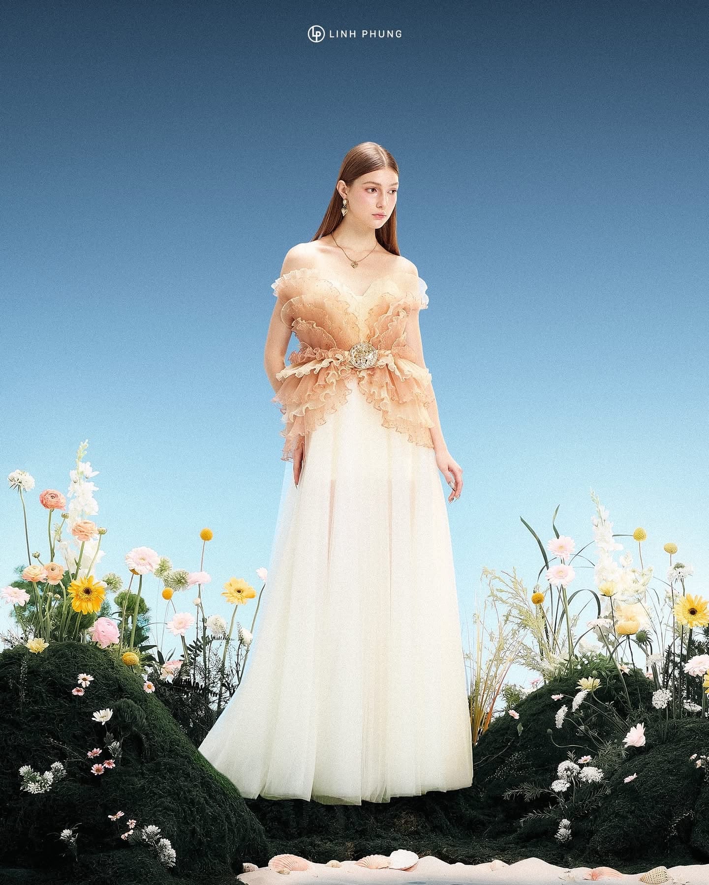 LINH PHUNG Elegant Fairycore Nude Sable Maxi Dress