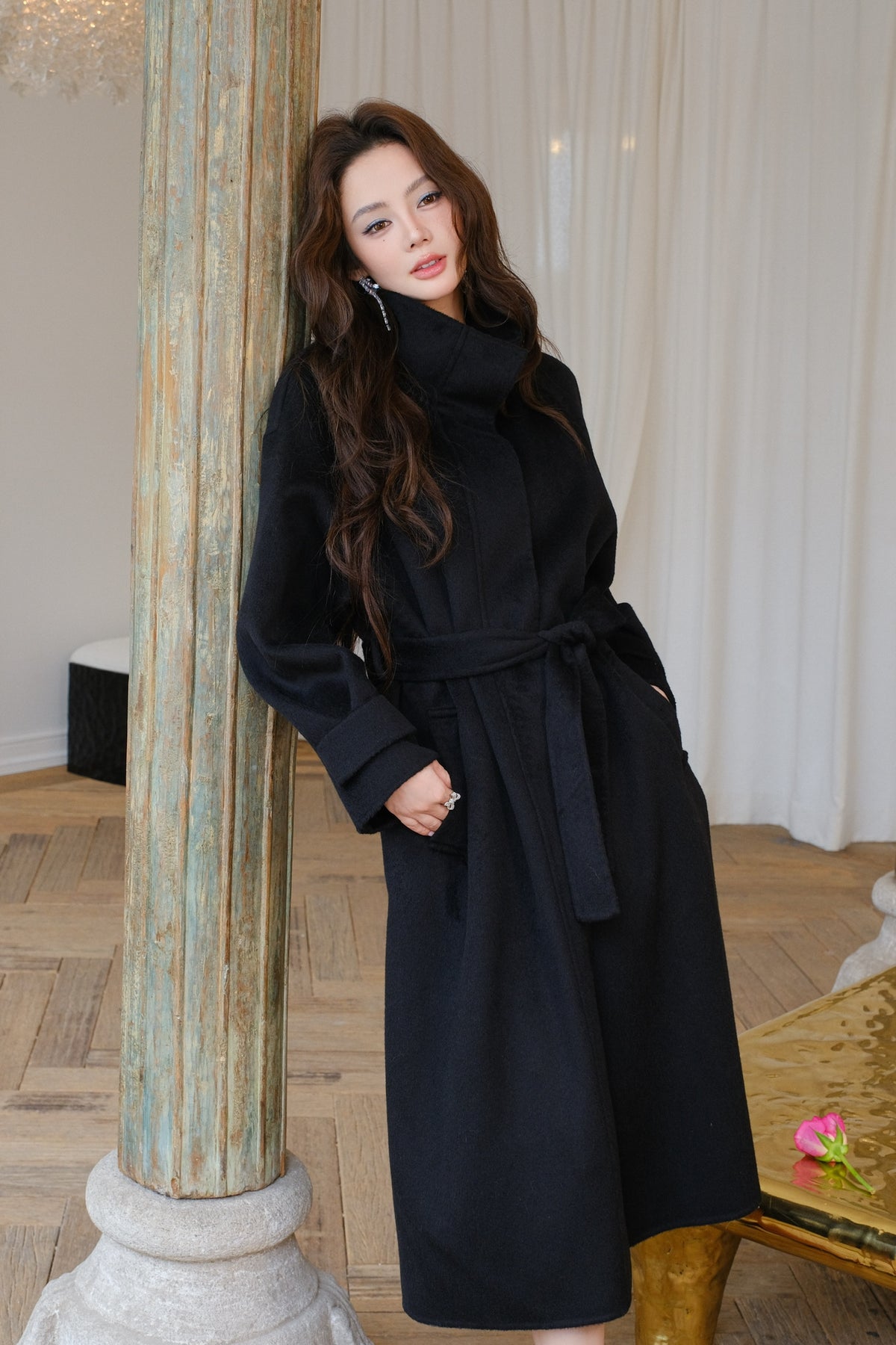 Maison Wester Black Single-Button Sleeveless Woolen Long Coat