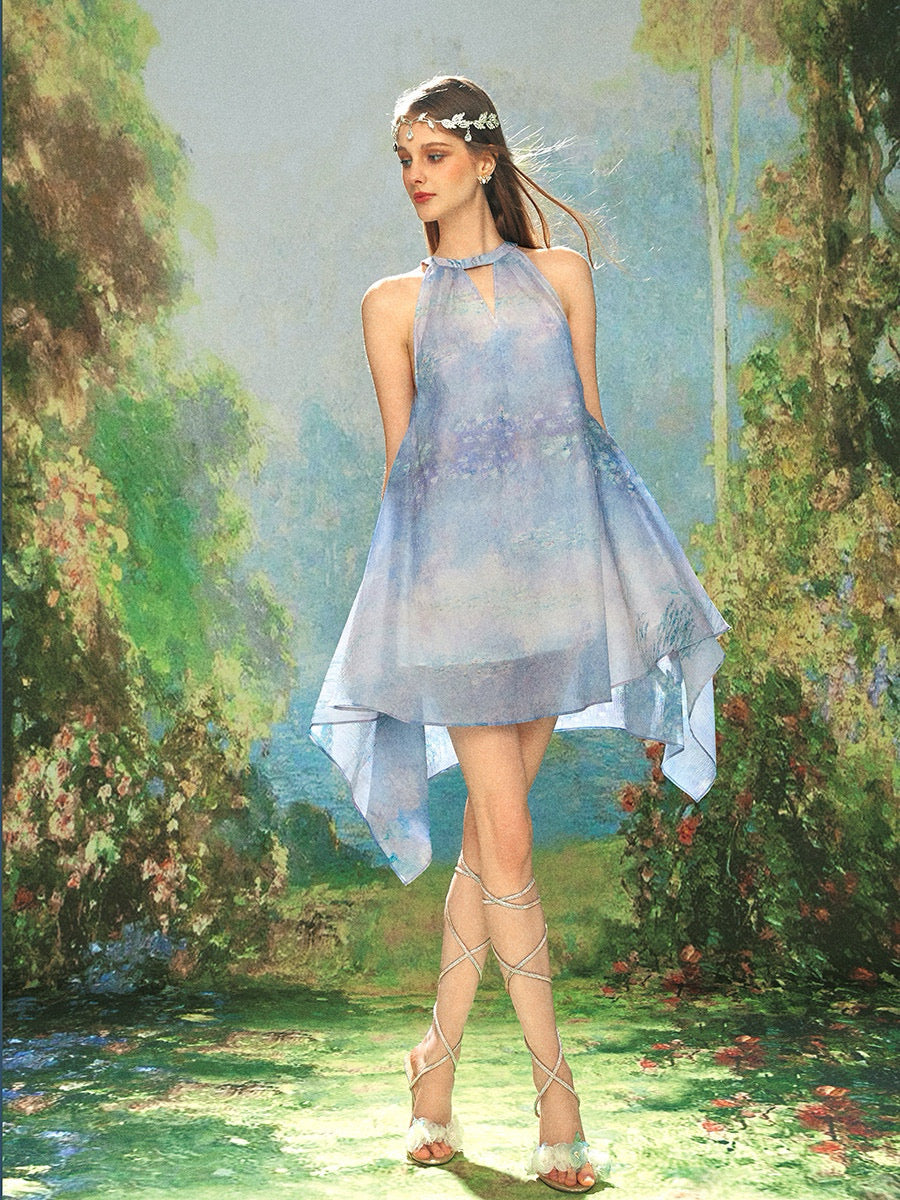 KINGWEN blue water lily mini dress