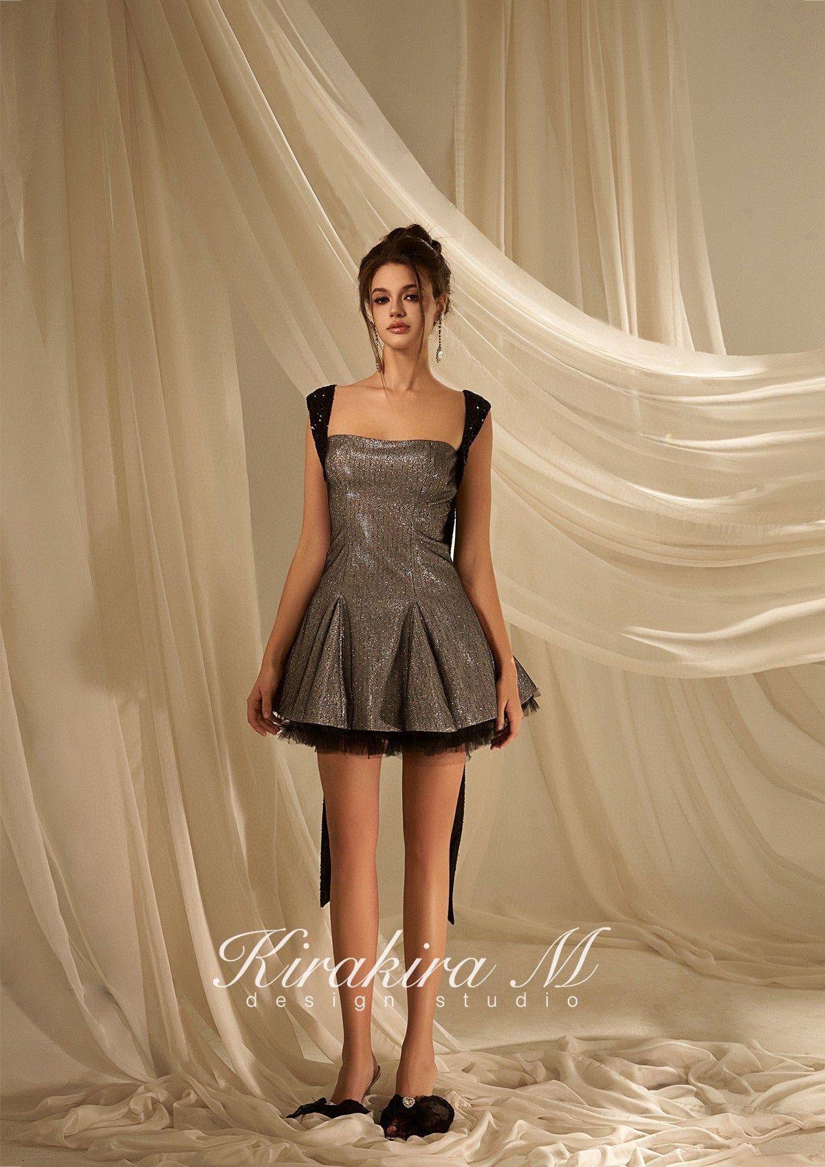 KIRAKIRA M Silver grey sparkle backless mini dress