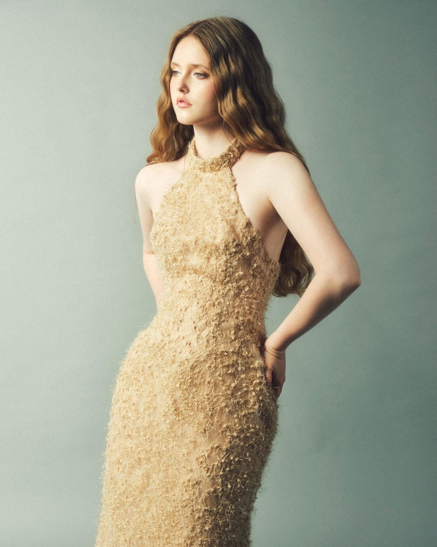 DELICIAE Gold Lace Rumi Midi Dress