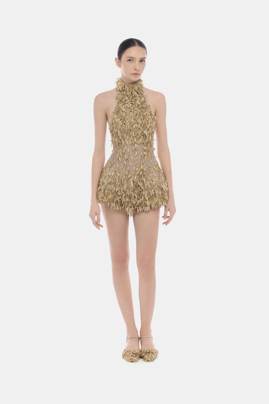 MONTSAND Gold Elegant Vintage High Neck Jumpsuit Top