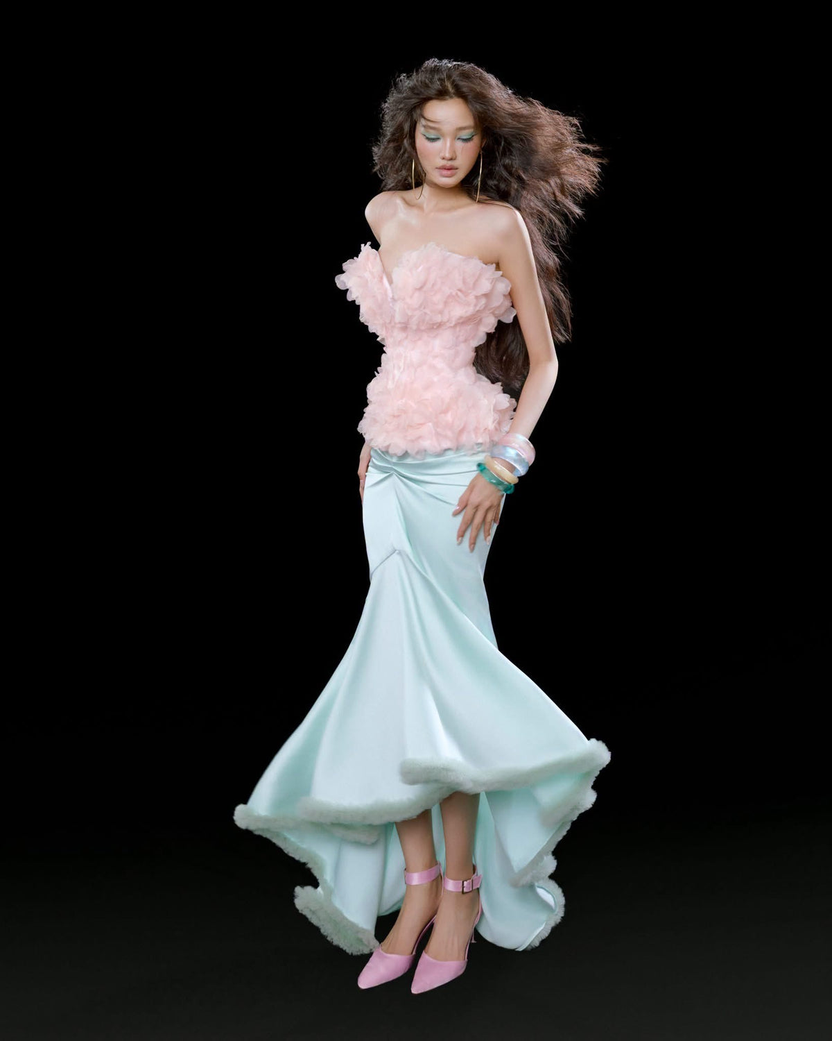 Pink Strapless 3D-Flower Maty Top & Satin High-Low Trumpet Reniosa Midi Skirt