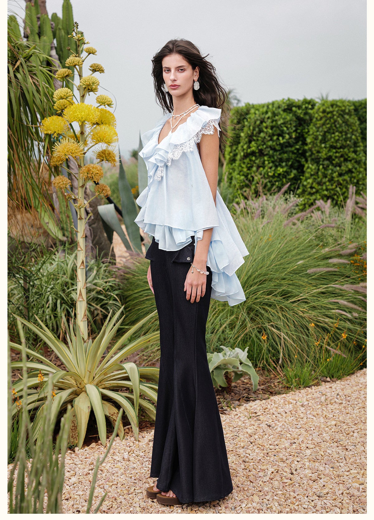 SHEERLUCK Vacation Fairycore White Ripple V-neck Top & Indigo Pants