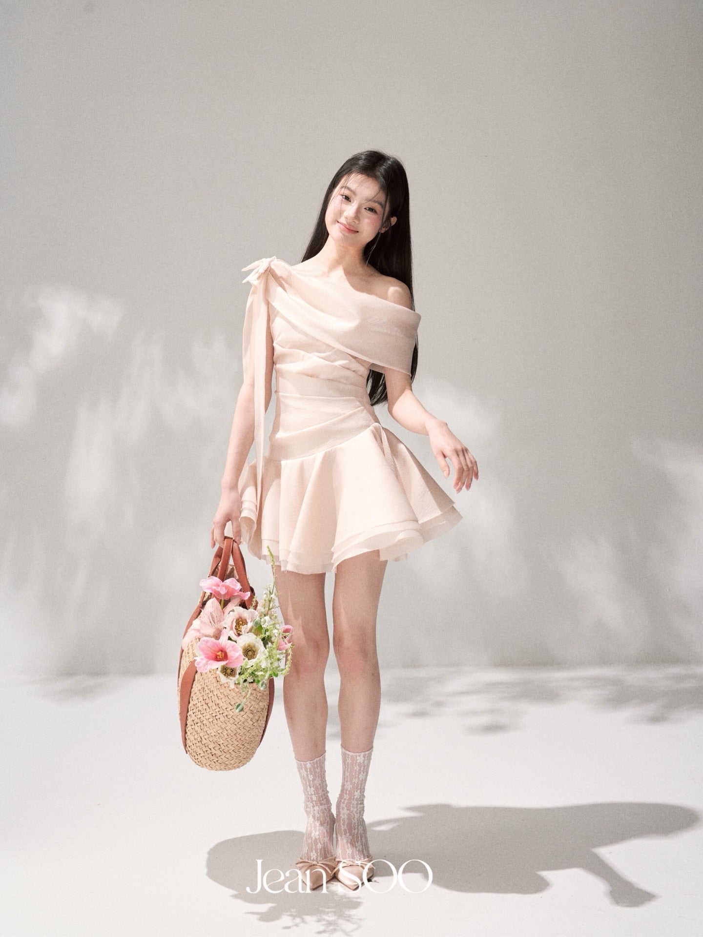JEAN SOO Sweet Vacation Pink Satin Slopeing Shoulder Mini Dress