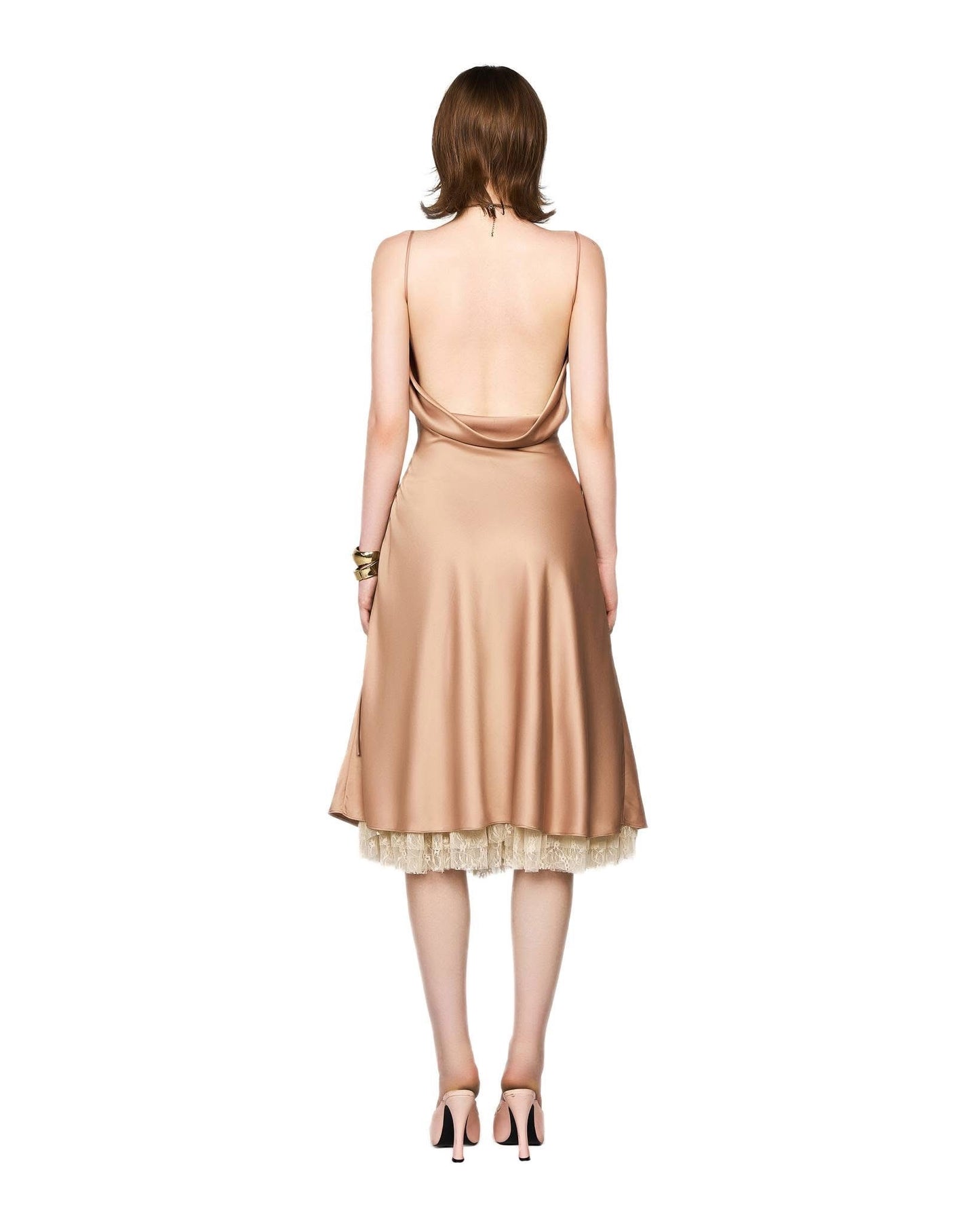 LSOUL BROWN& NUDE SATIN ACETATE MIDI DRESS