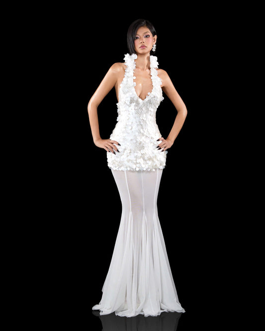 White Halter Deep-V Paillette Sequin Corset Lisany Top & Tulle Emma Maxi Skirt