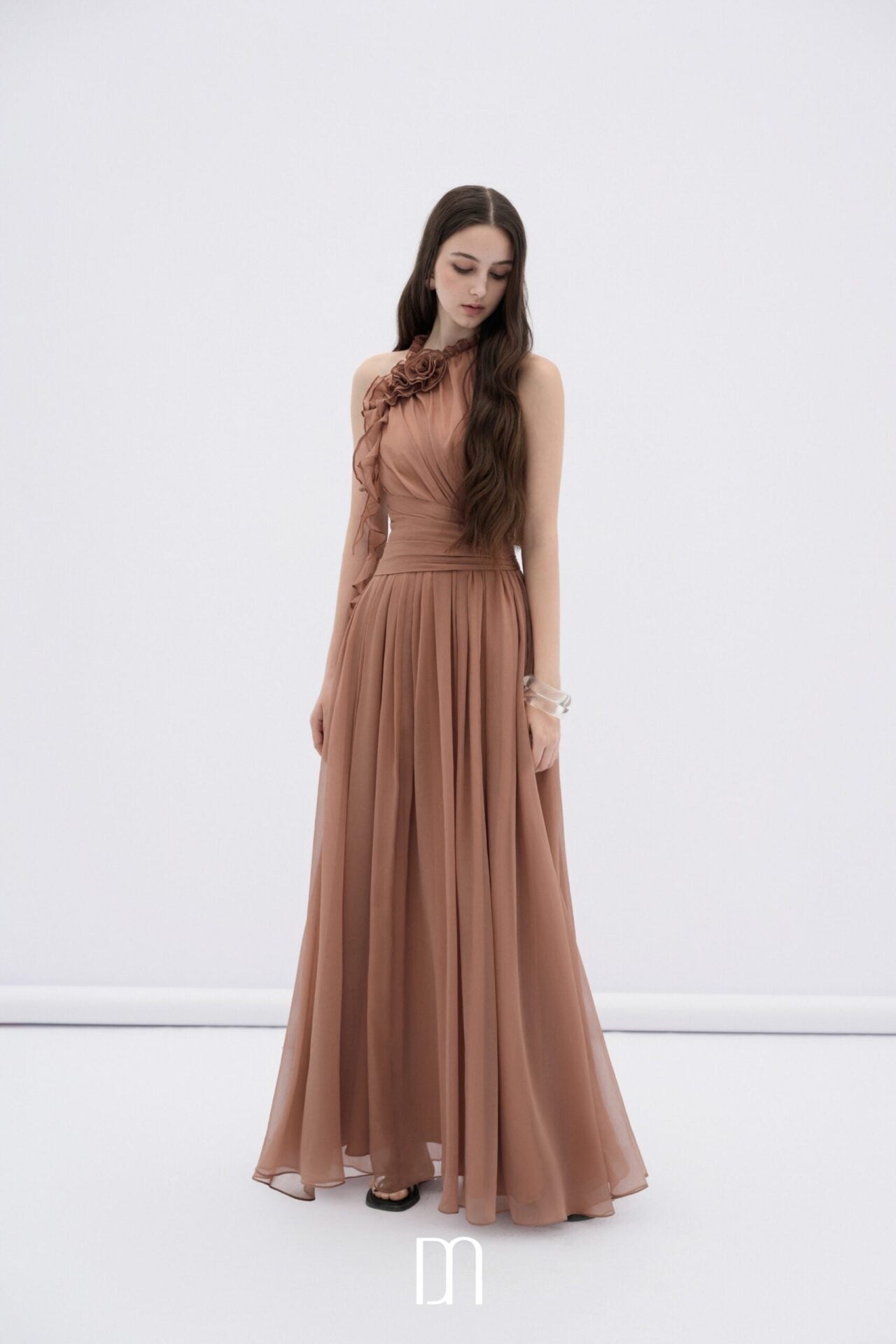 DENIOVN Elegant Fairycore Brown Mireille Halter Neck Maxi Dress