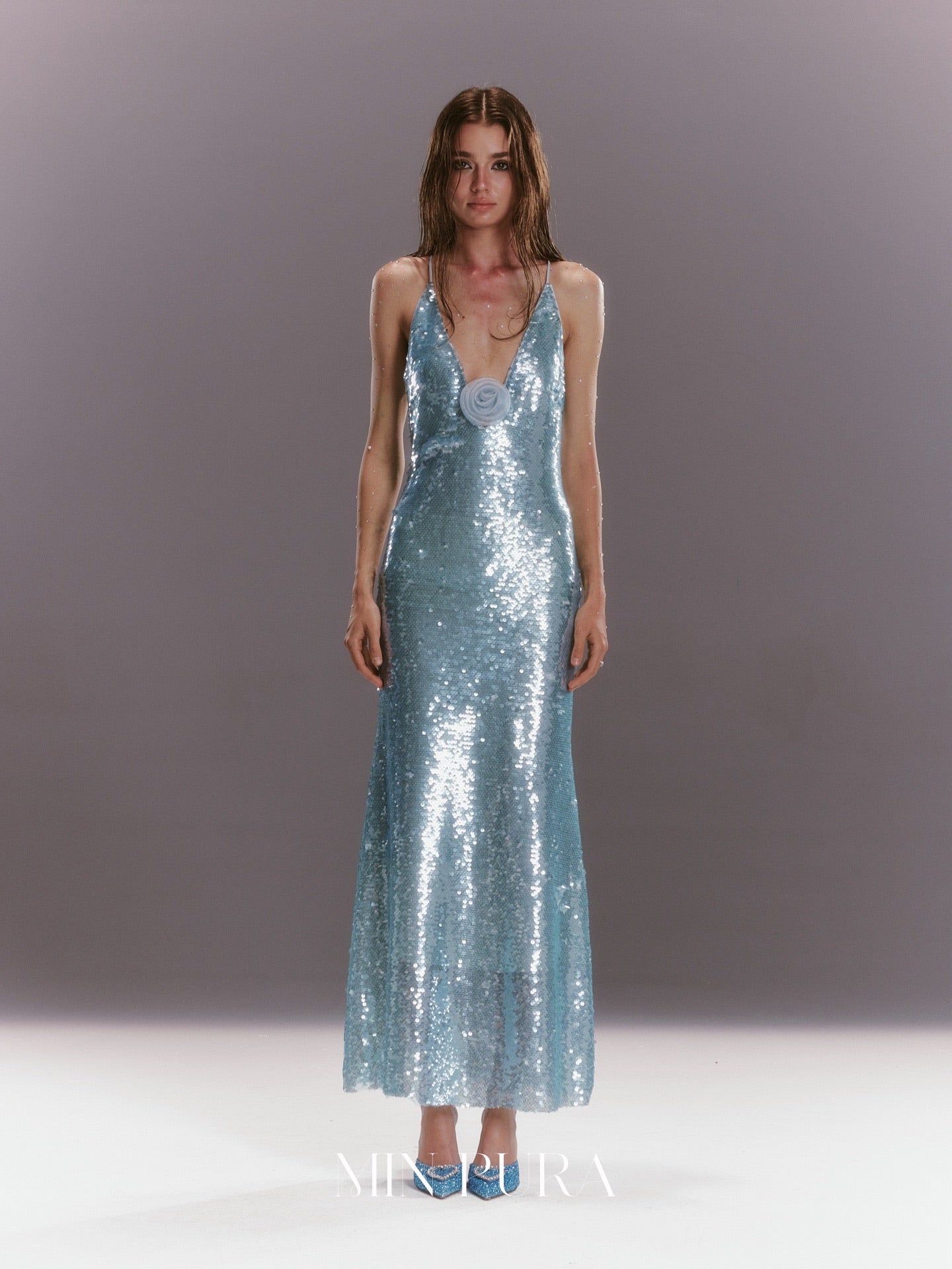 MINPURA Blue Rose Sequin Maxi Dress