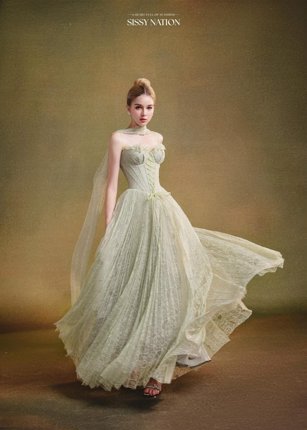 SISSY NATION Green Twilight Corset Pleated Maxi Dress