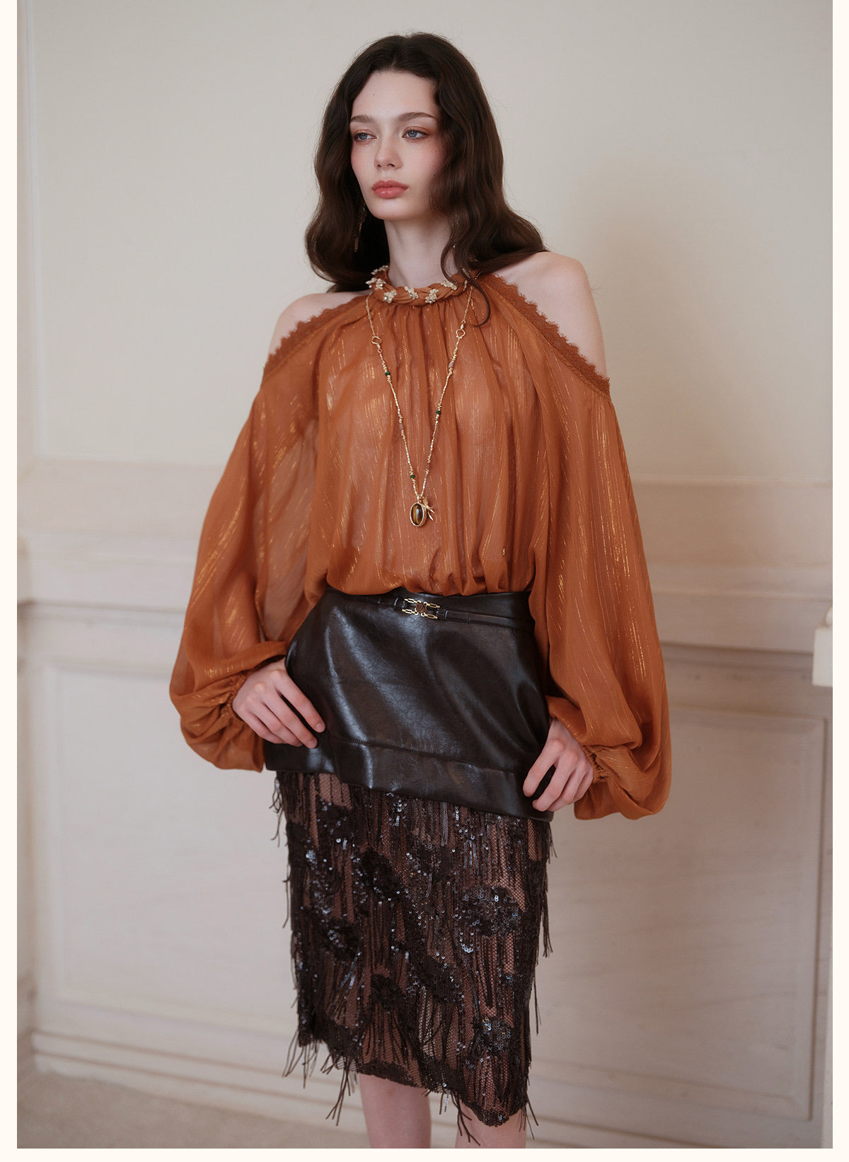 Cream Halter Off-Shoulder Lantern-Sleeve Metallic Shirt