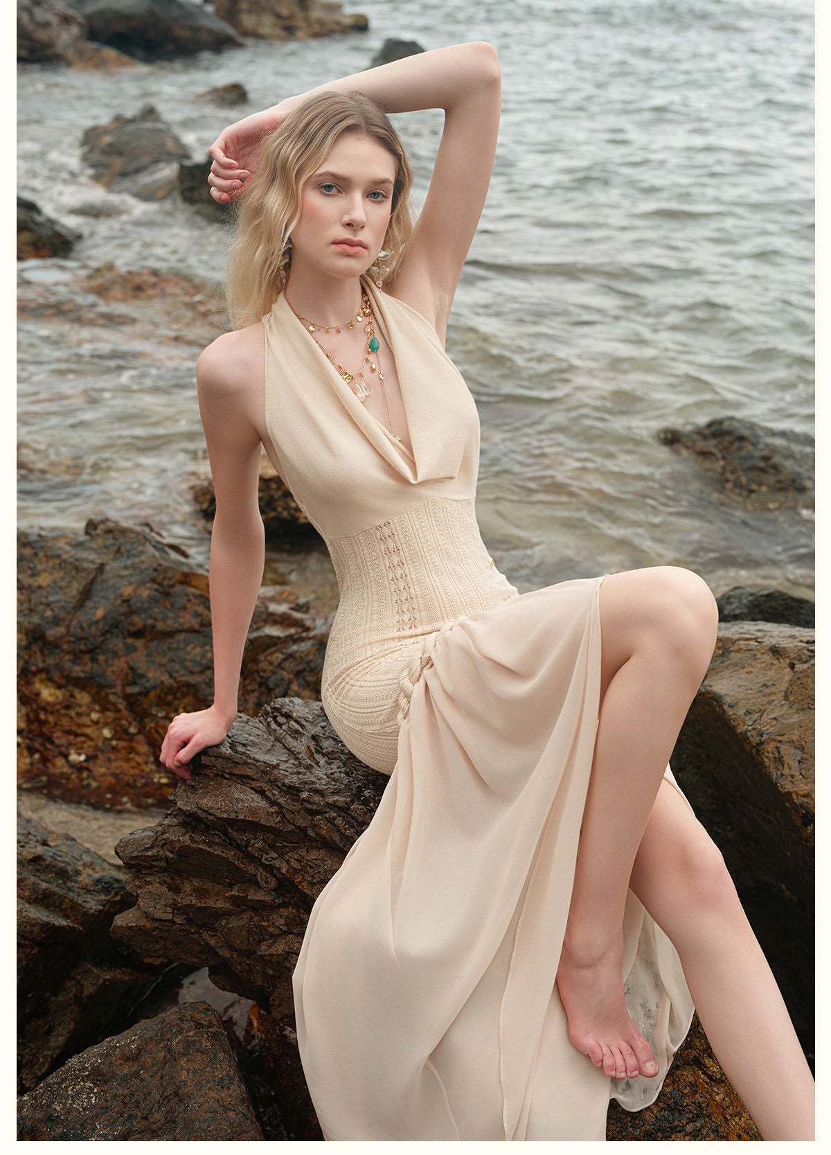 Cream Draped Halter Knit High-Low Chiffon Maxi Dress