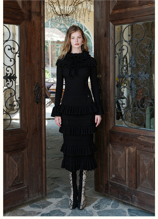 SHEERLUCK Black Ribbon Vintage Ruffled Knitted Top & Skirt
