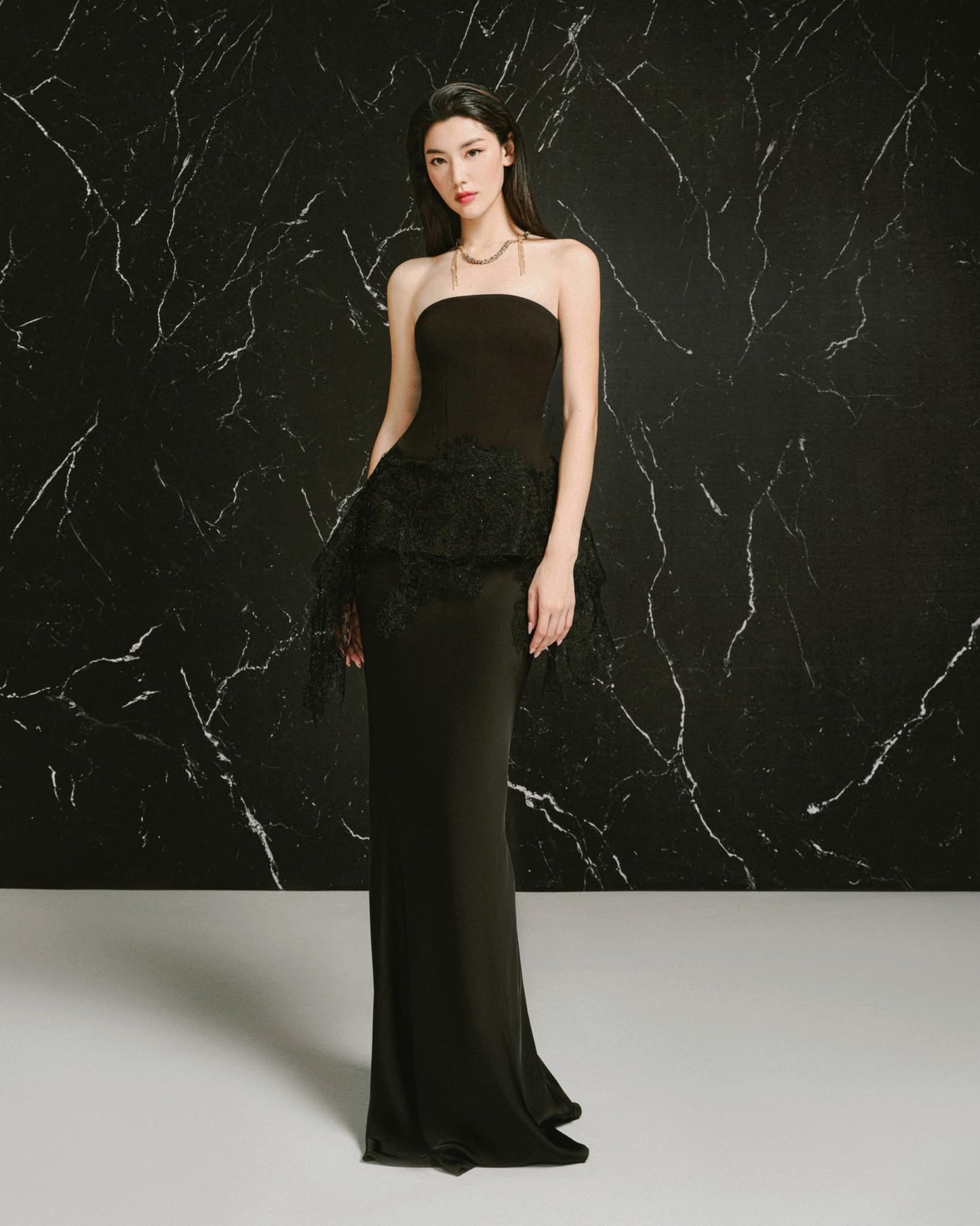 LANE JT Elegant Minimalist Black Malika Lace Top & Silk Skirt