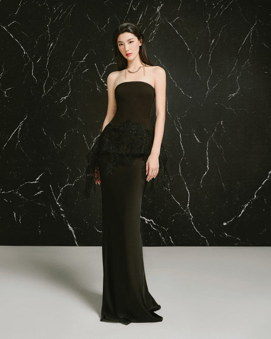 LANE JT Elegant Minimalist Black Malika Lace Top & Silk Skirt