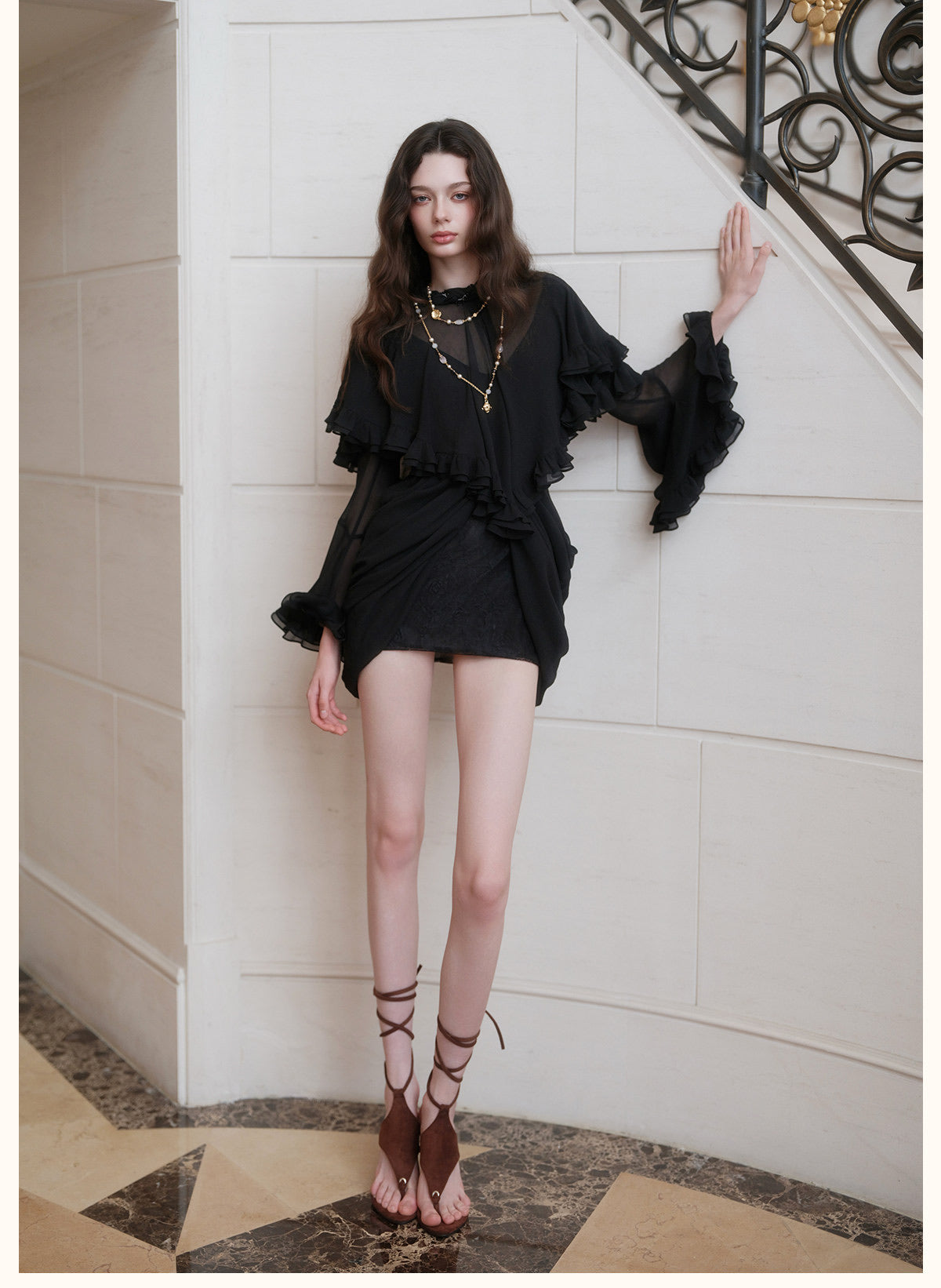 Black High-Neck Beaded Ruffle Bell-Sleeve Chiffon Overlay with Lace Mini Dress