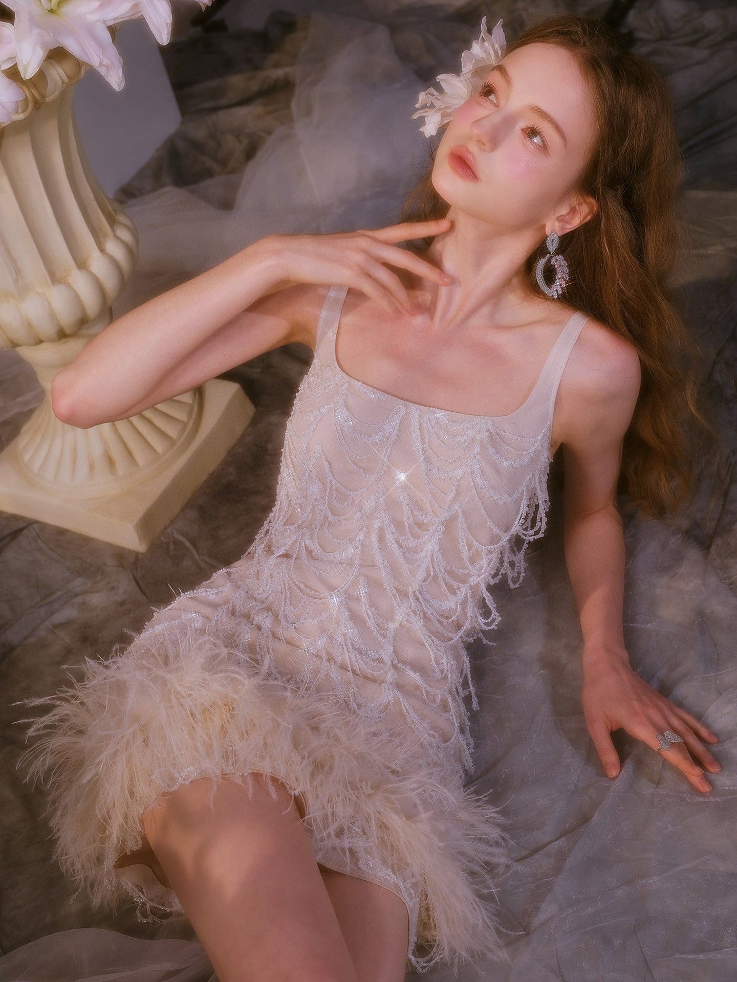 WARDROBE BY CHEN White Feather Party Mini Dress