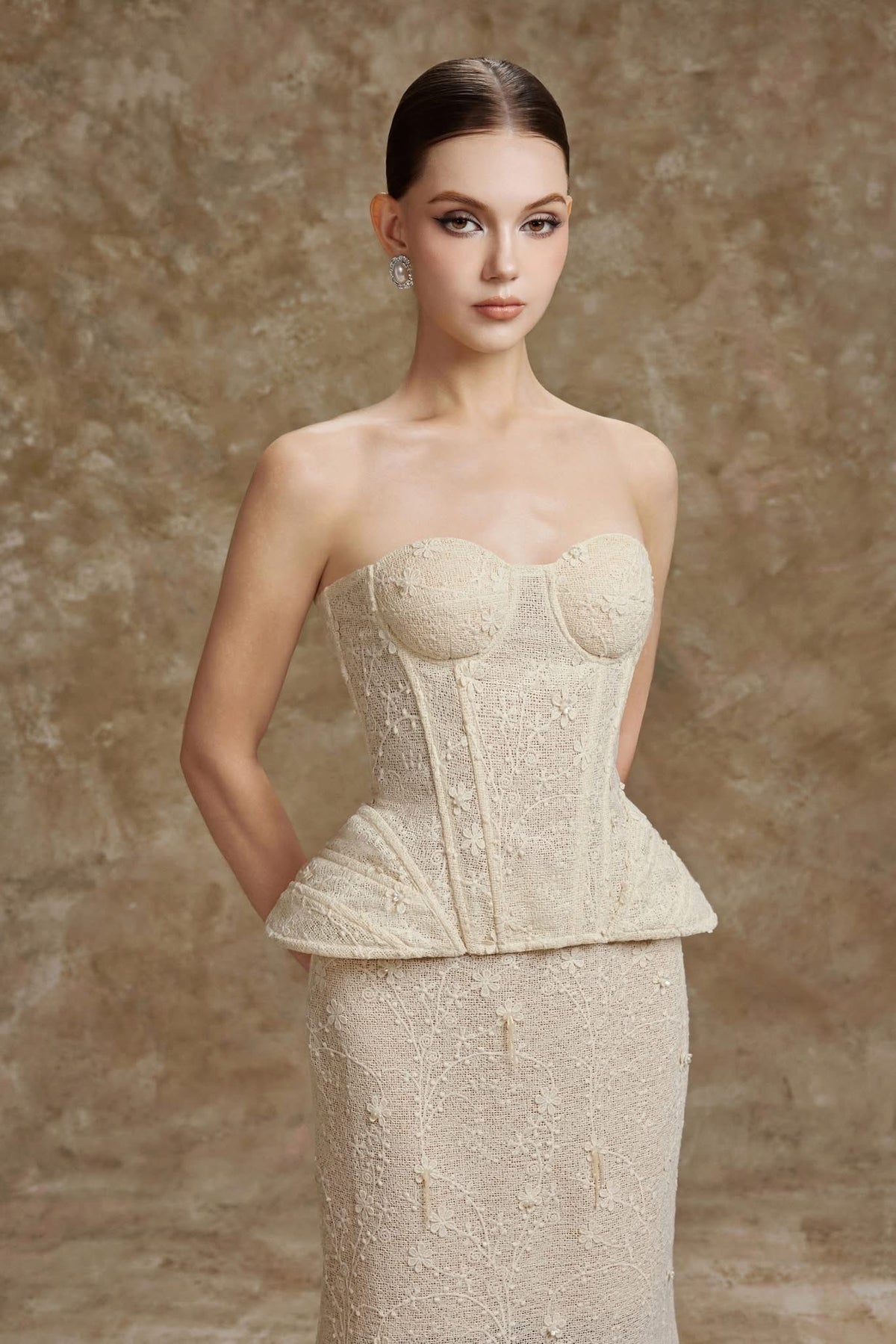 Cream Strapless Lace Peplum Sylvia Corset Top & Camila Midi Skirt