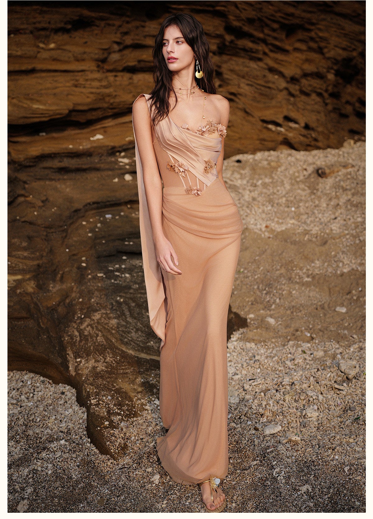 SHEERLUCK Sexy Vacation Brown Sculpt Flower Fish-tail Maxi Dress