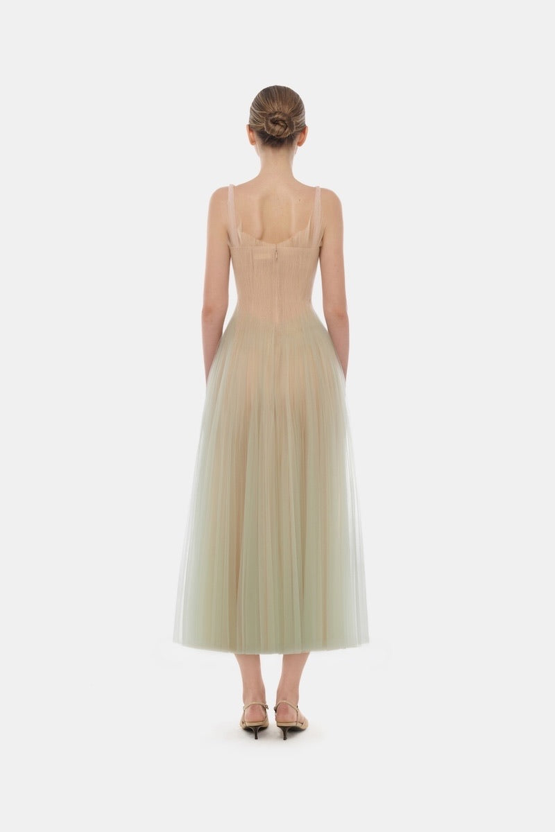 MONTSAND Green Corset Tulle Midi Dress