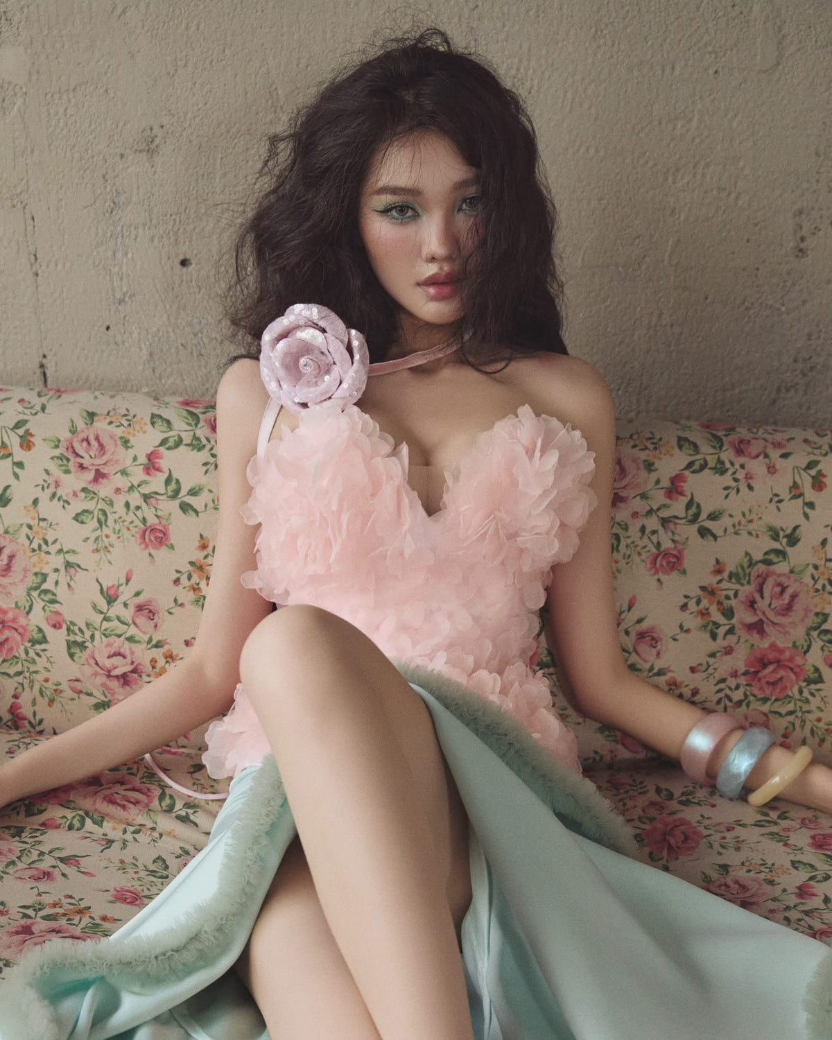 Pink Strapless 3D-Flower Maty Top & Satin High-Low Trumpet Reniosa Midi Skirt