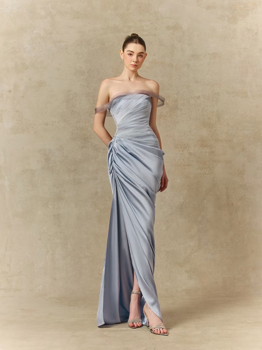 Blue Off-Shoulder Twist Satin Slit Ami Maxi Dress