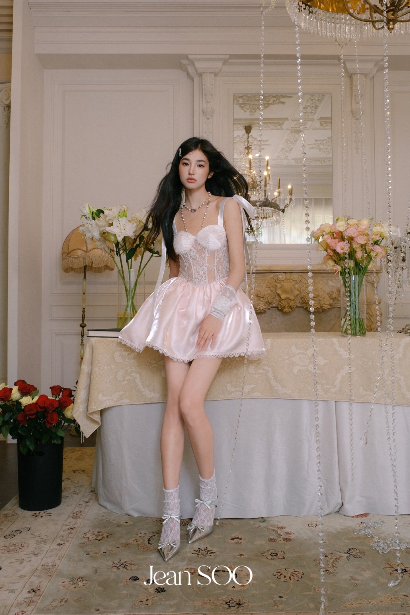 JEAN SOO Sweet Vacation Pink Lace Bow Mini Dress