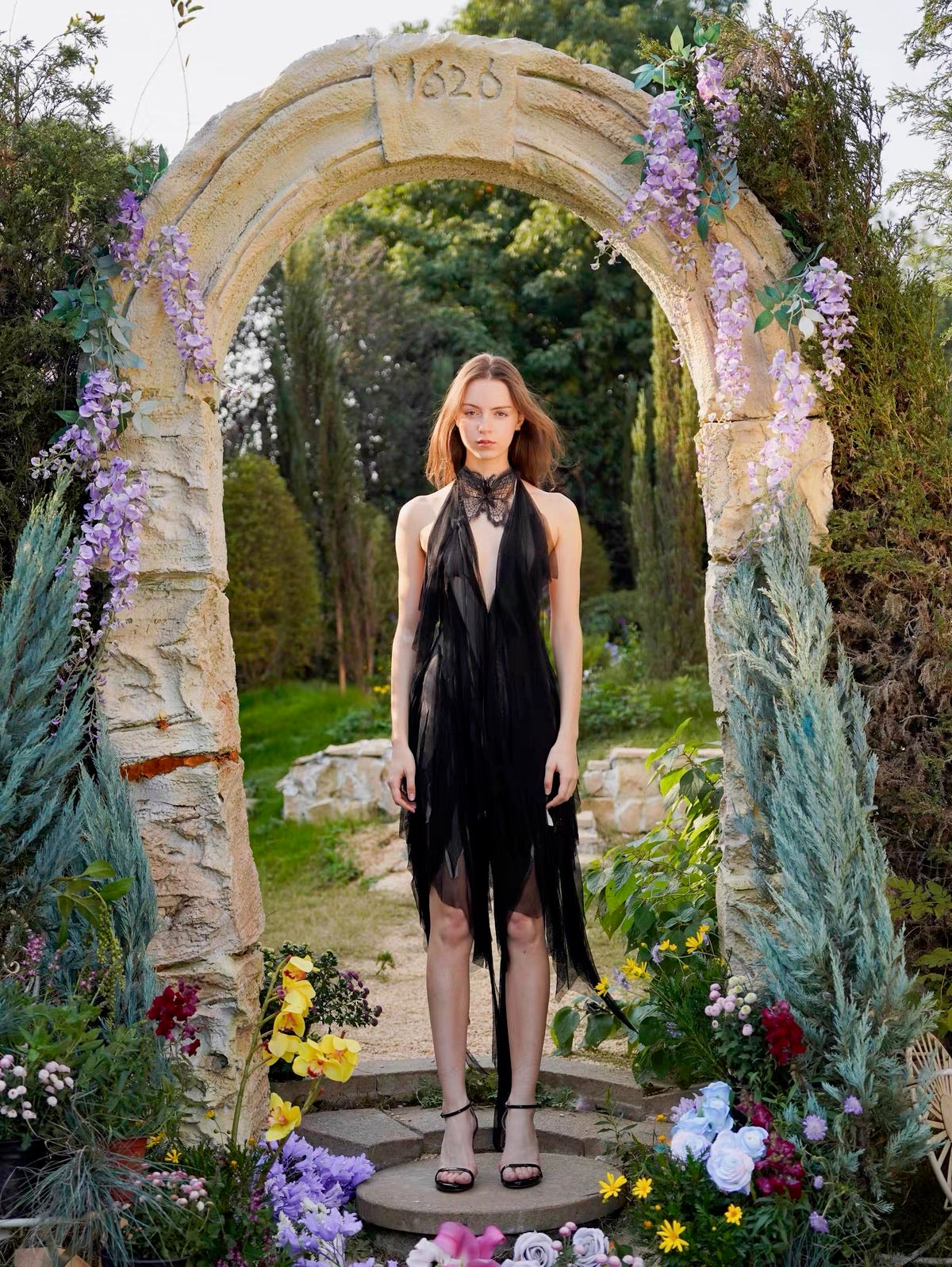Black Halter Irregular Sheer Tulle Midi Dress