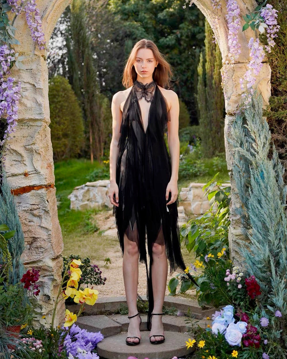 Black Halter Irregular Sheer Tulle Midi Dress