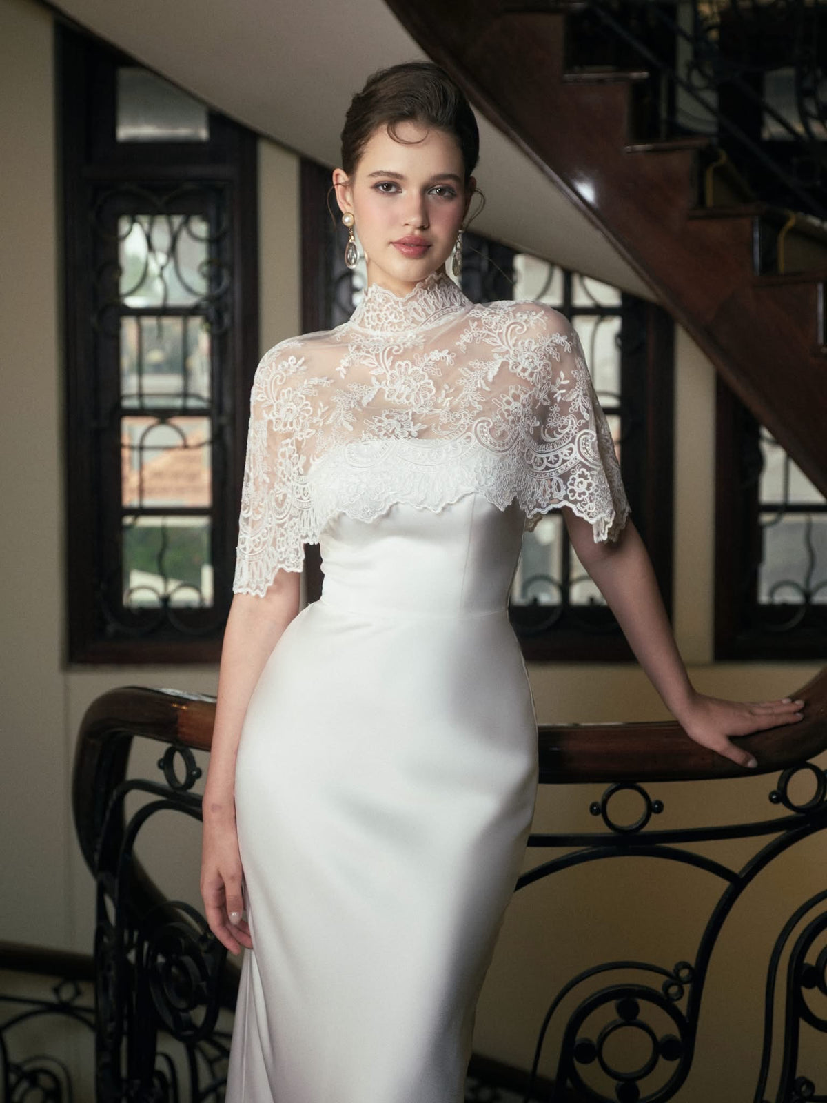 White Satin Mirella Maxi Dress With Elia Lace Cape