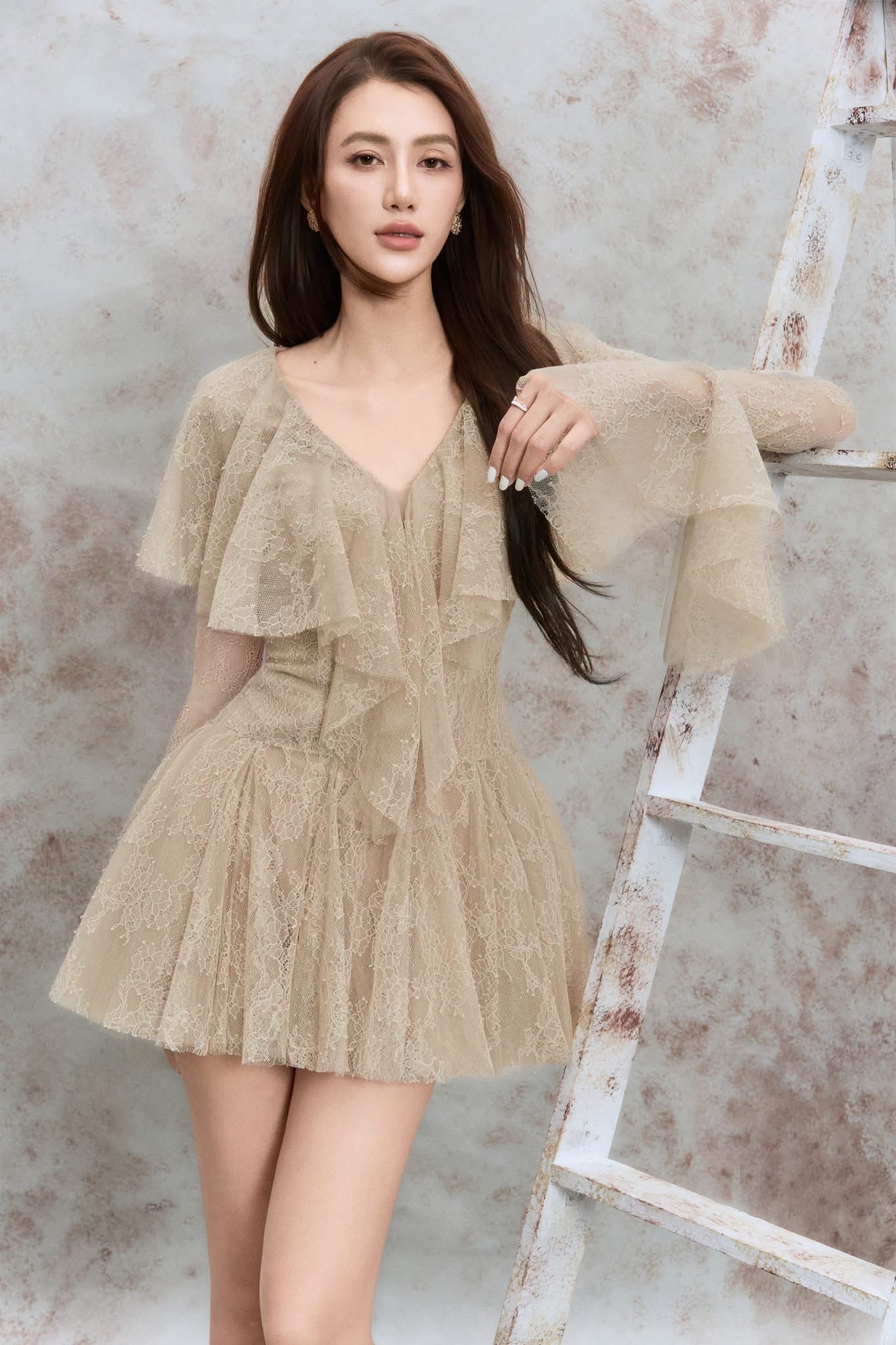 DENIO Cream Laurel Ruffled Lace Mini Dress