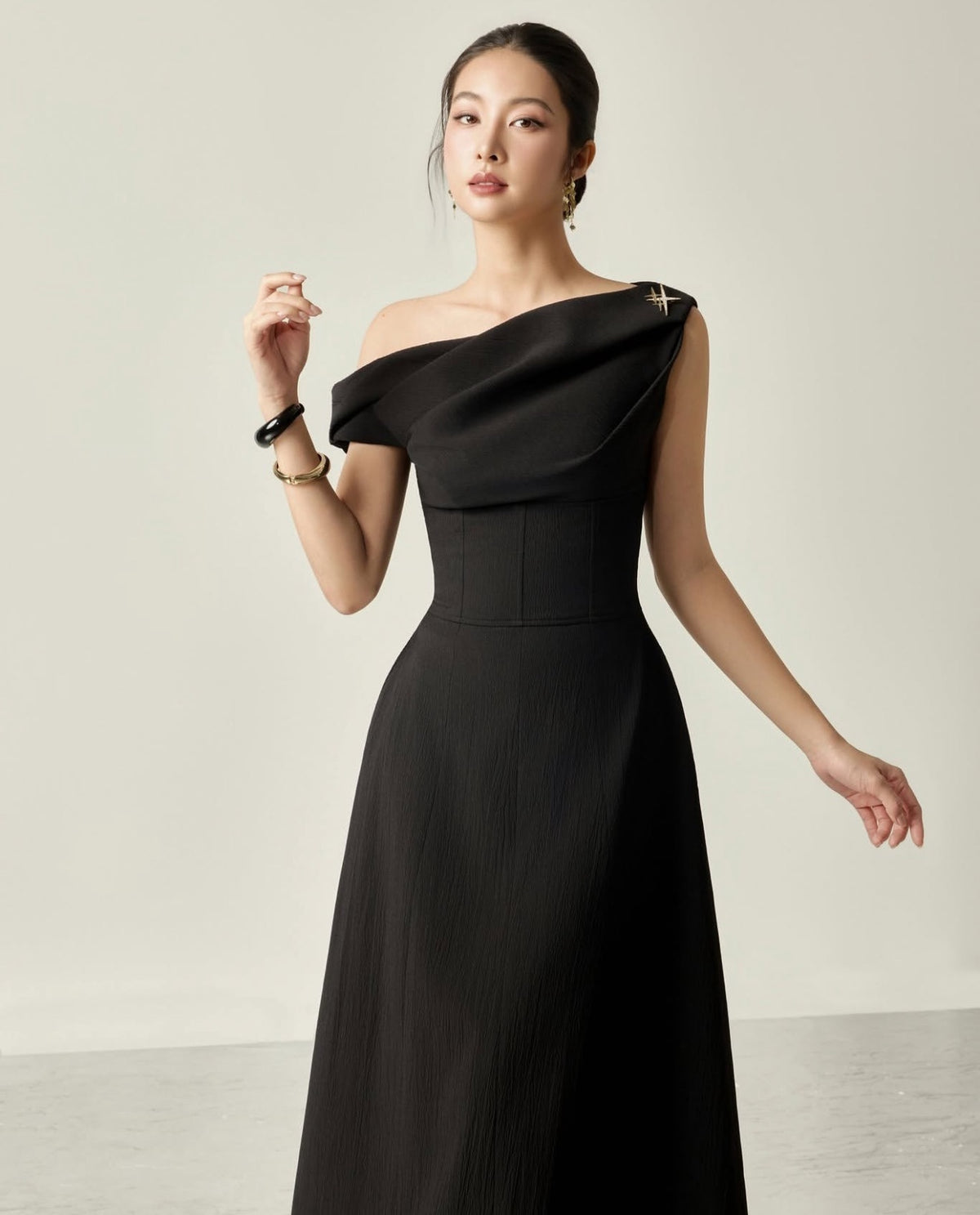 Black Charlotte Asymmetrical Flared Midi Dress
