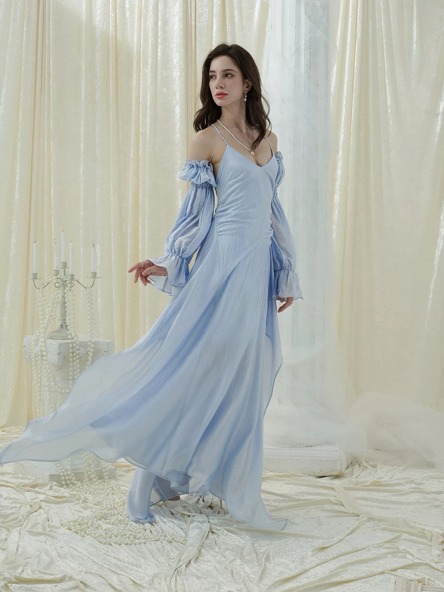 CROWCREW Dark Avant-Garde Vacation Blue Maxi Dress With Sleeves