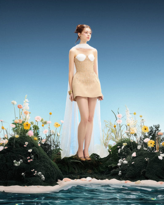 LINH PHUNG Elegant Fairycore Nude Maren Mini Dress
