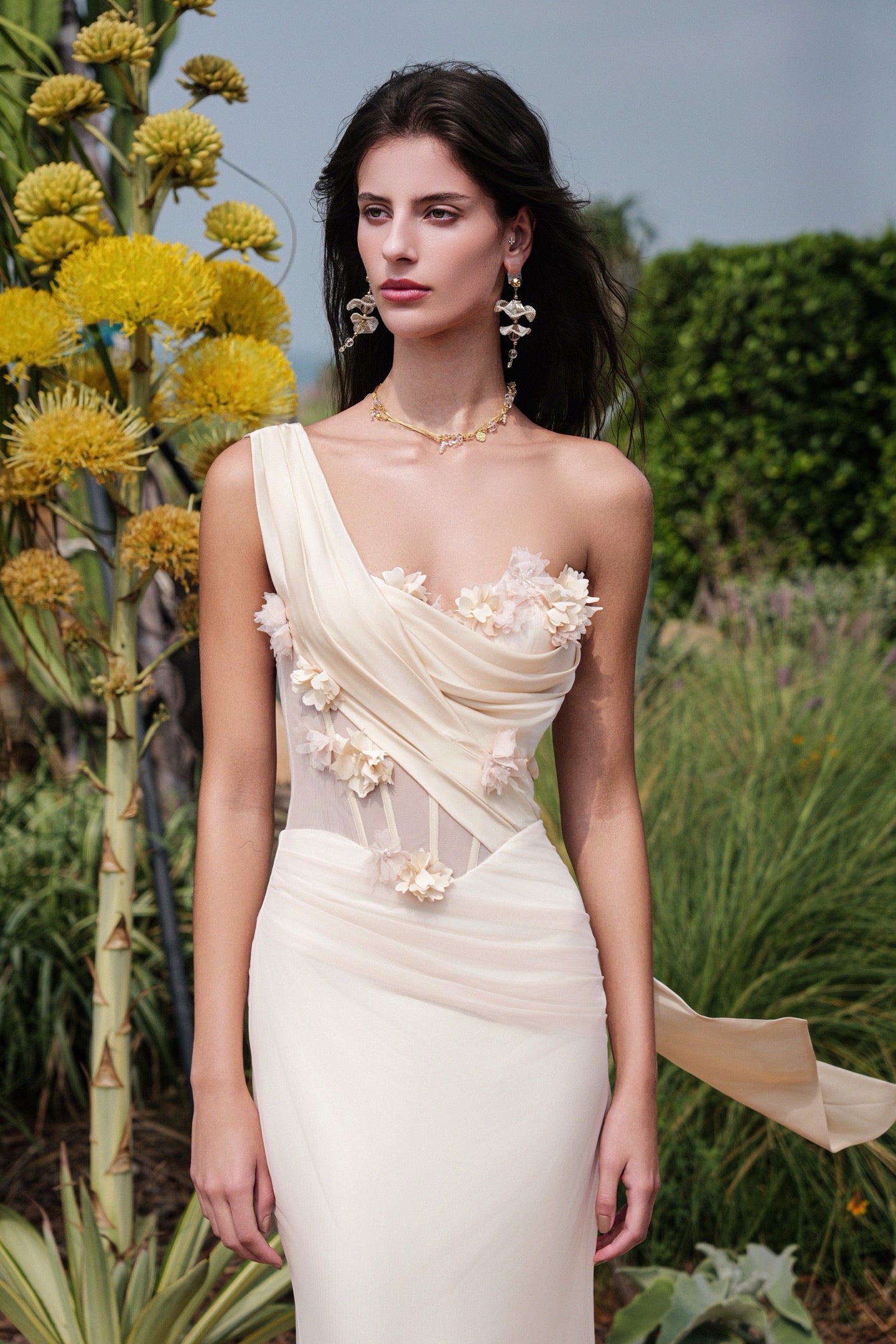 SHEERLUCK Sexy Vacation Brown Sculpt Flower Fish-tail Maxi Dress
