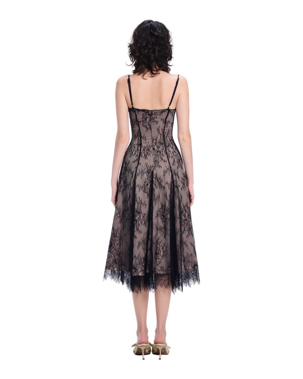Black Spaghetti-Strap V-Neck Criss-Cross Lace Gonna Midi Dress