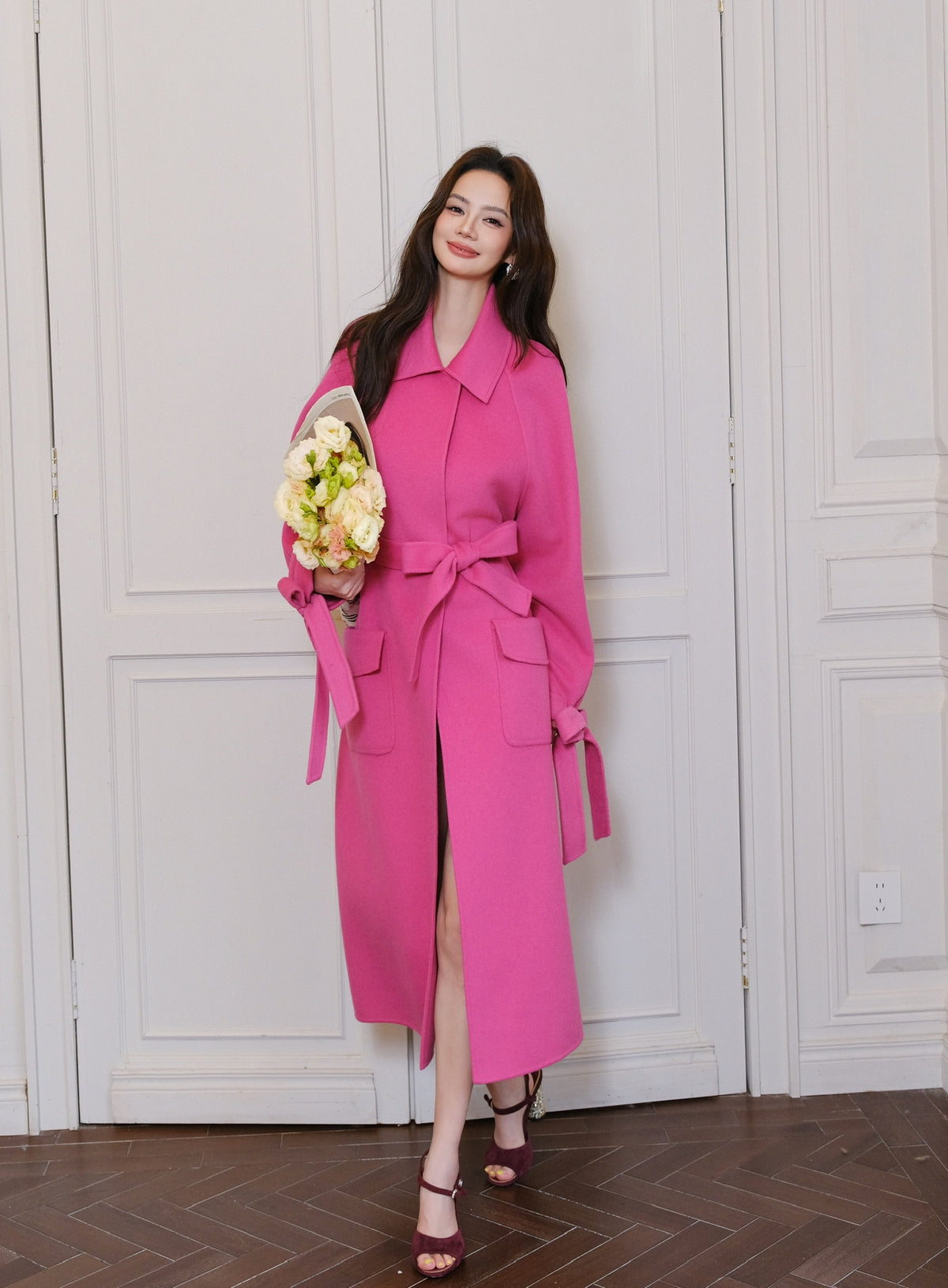 Maison Wester Bright Pink Collar Button-Up Tweed Coat