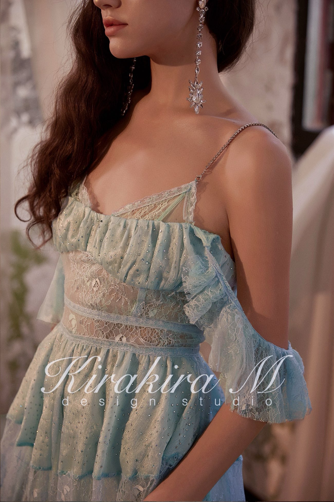 KIRAKIRA M Blue Diamond Embellished Feather Lace Extra Maxi Dress + Bottoms (Slightly Sheer)