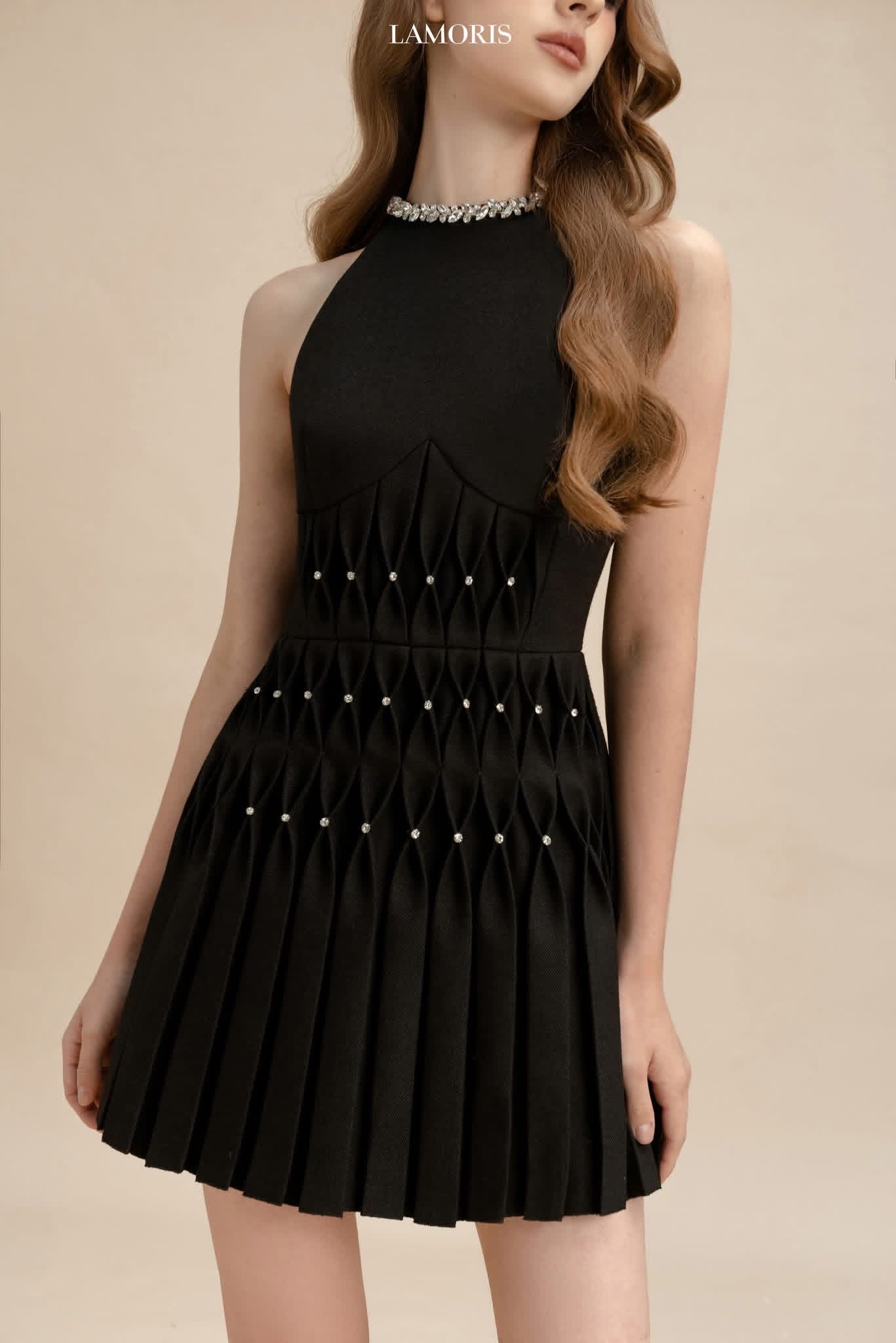 LAMORIS Black Smocking Stone Mini Dress