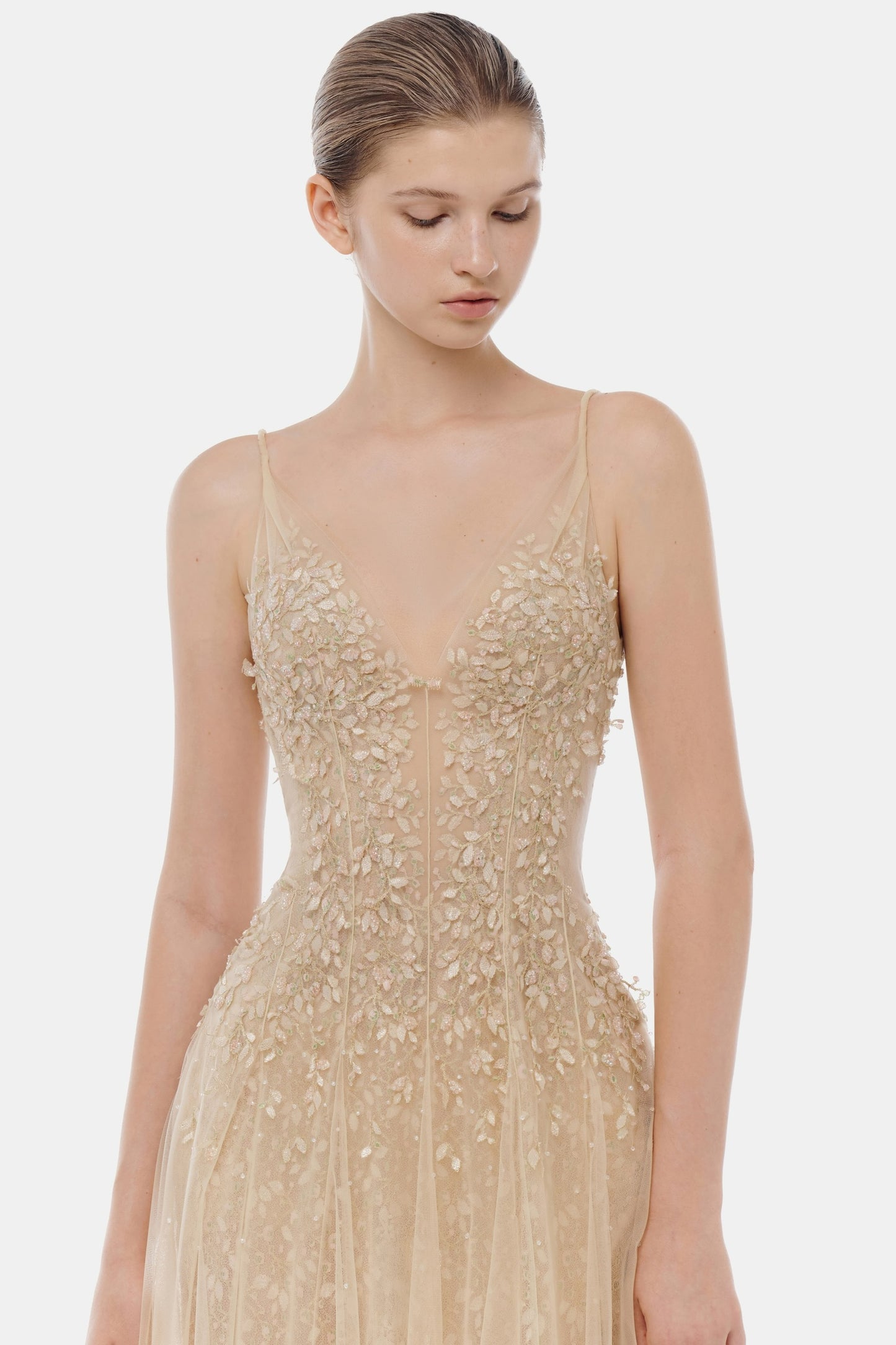 MONTSAND Nude Pastel Deep-V Midi Dress