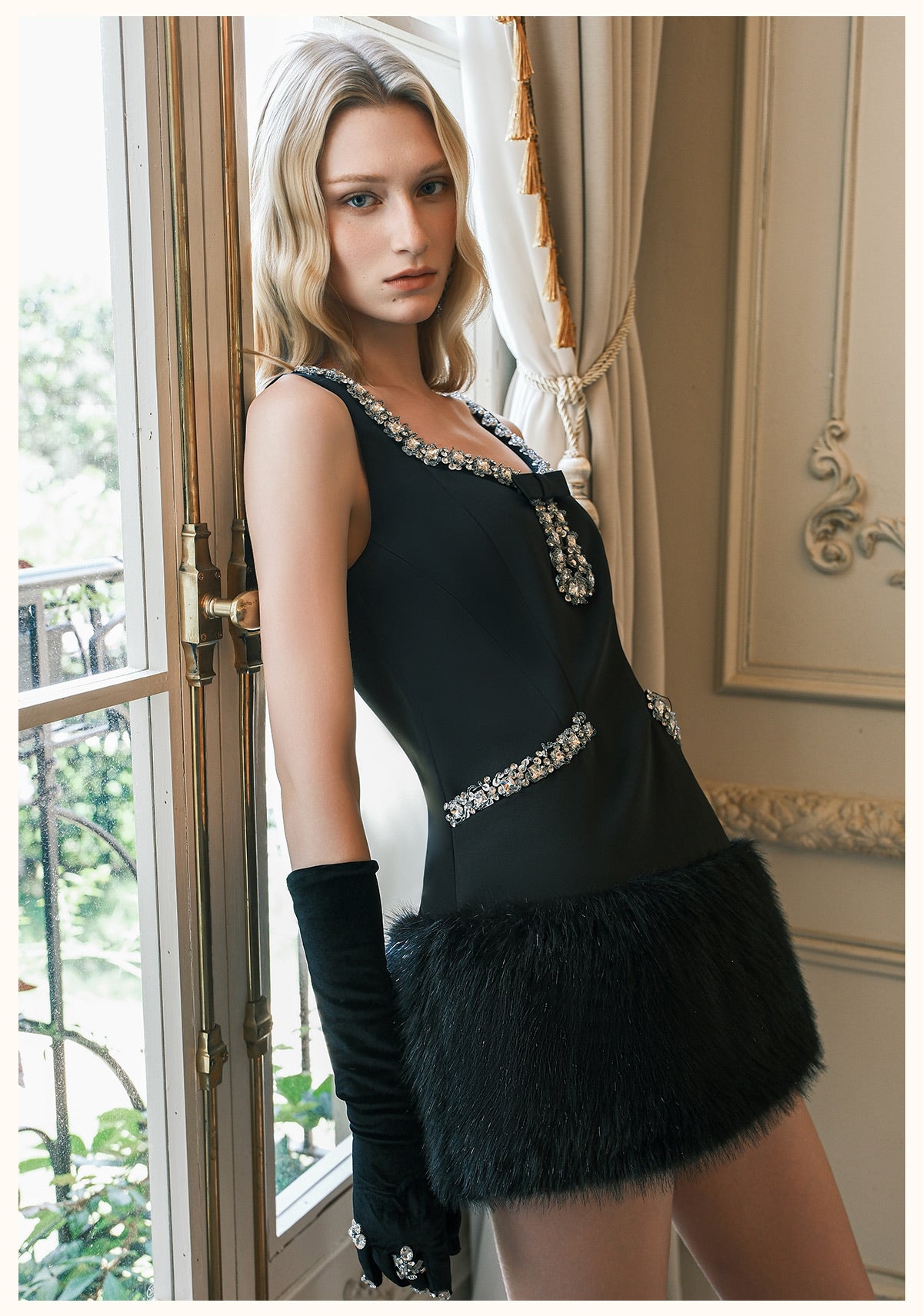 SHEERLUCK White Bow Fur Mini Dress