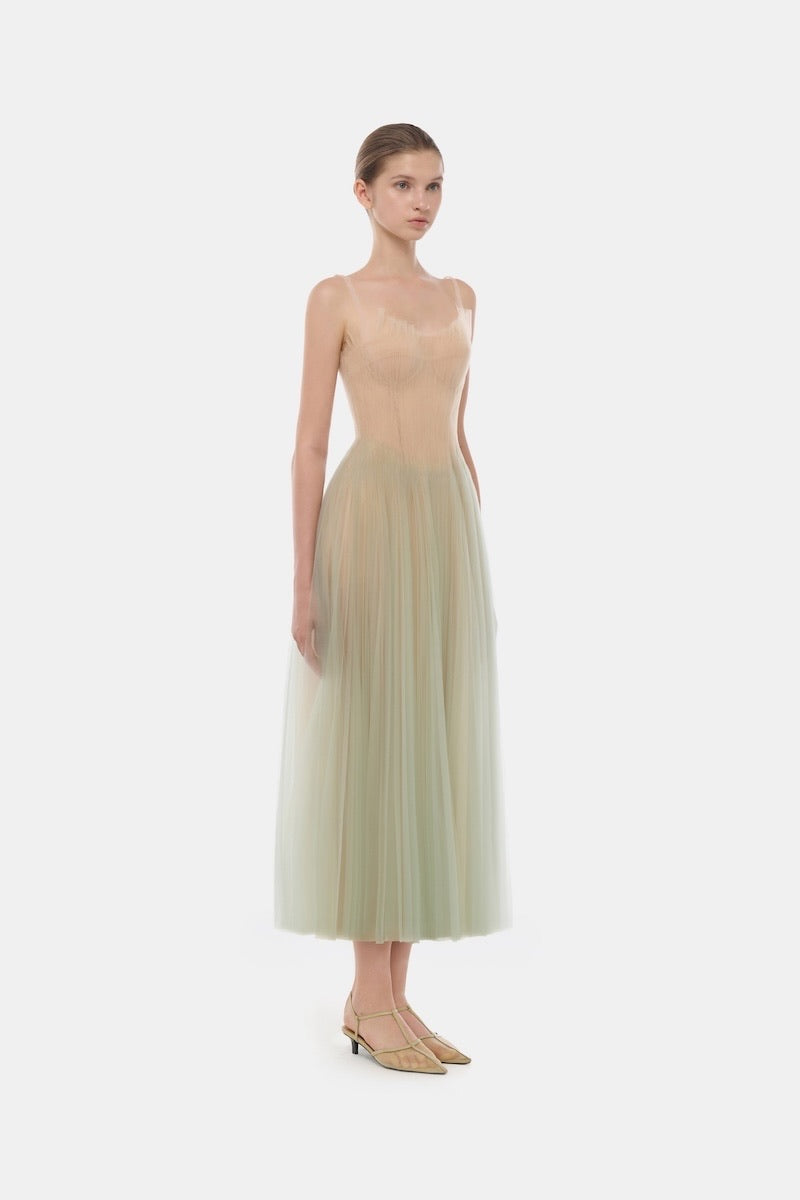 MONTSAND Green Corset Tulle Midi Dress