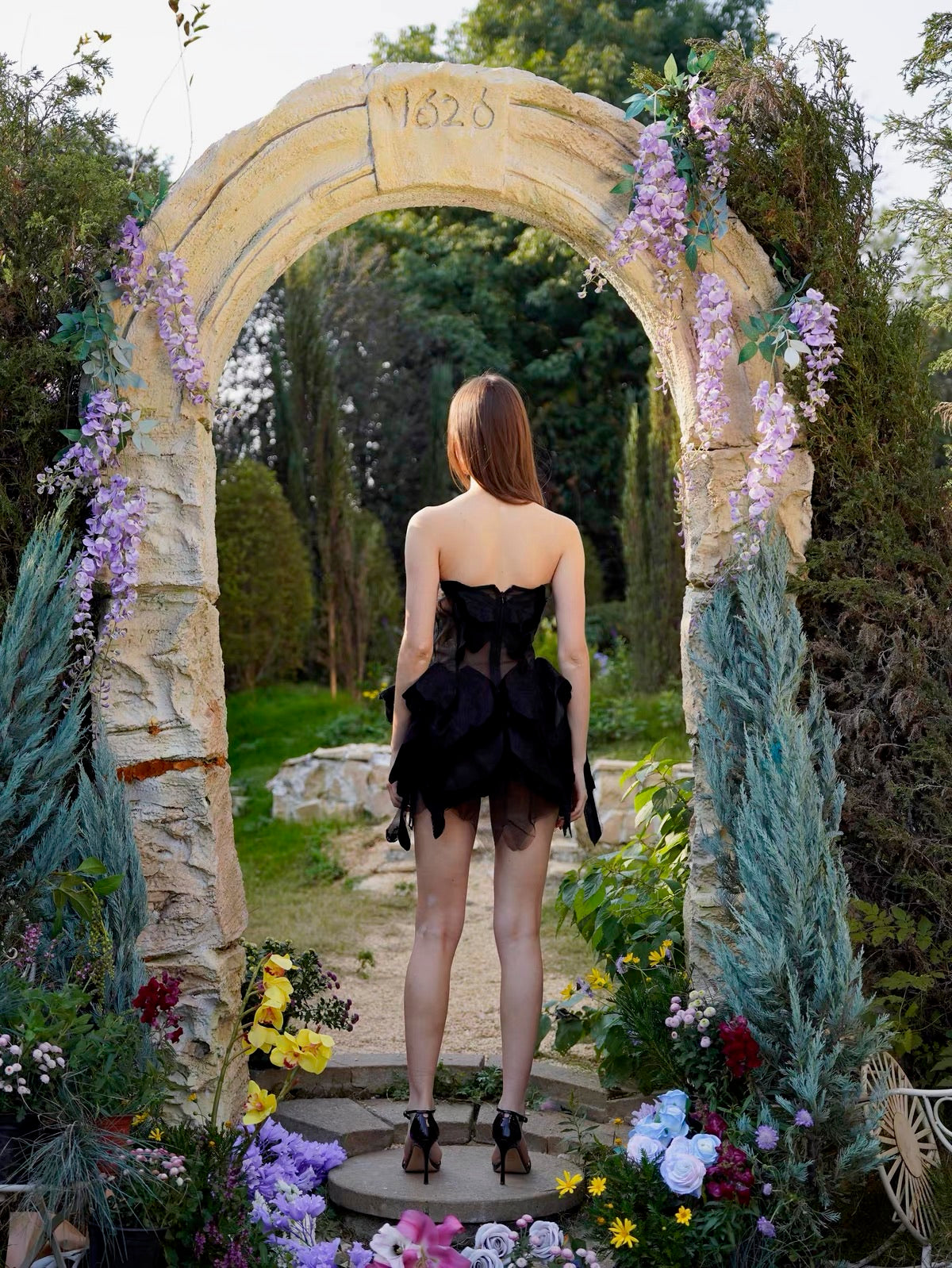 Black Lace Feather Corset Petal Mini Dress