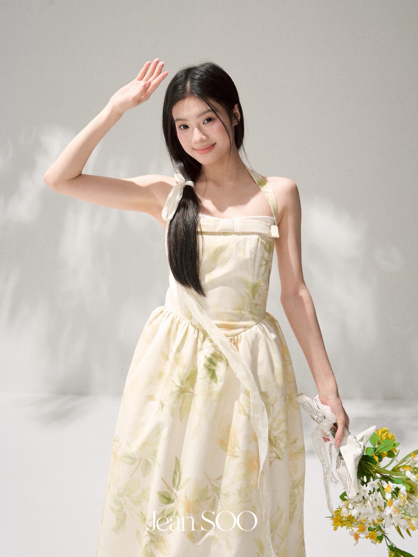 Yellow Ink Floral Halter Strapless Bow Swing Midi Dress