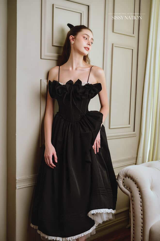 SISSY NATION Black Tulip Corset Midi Dress