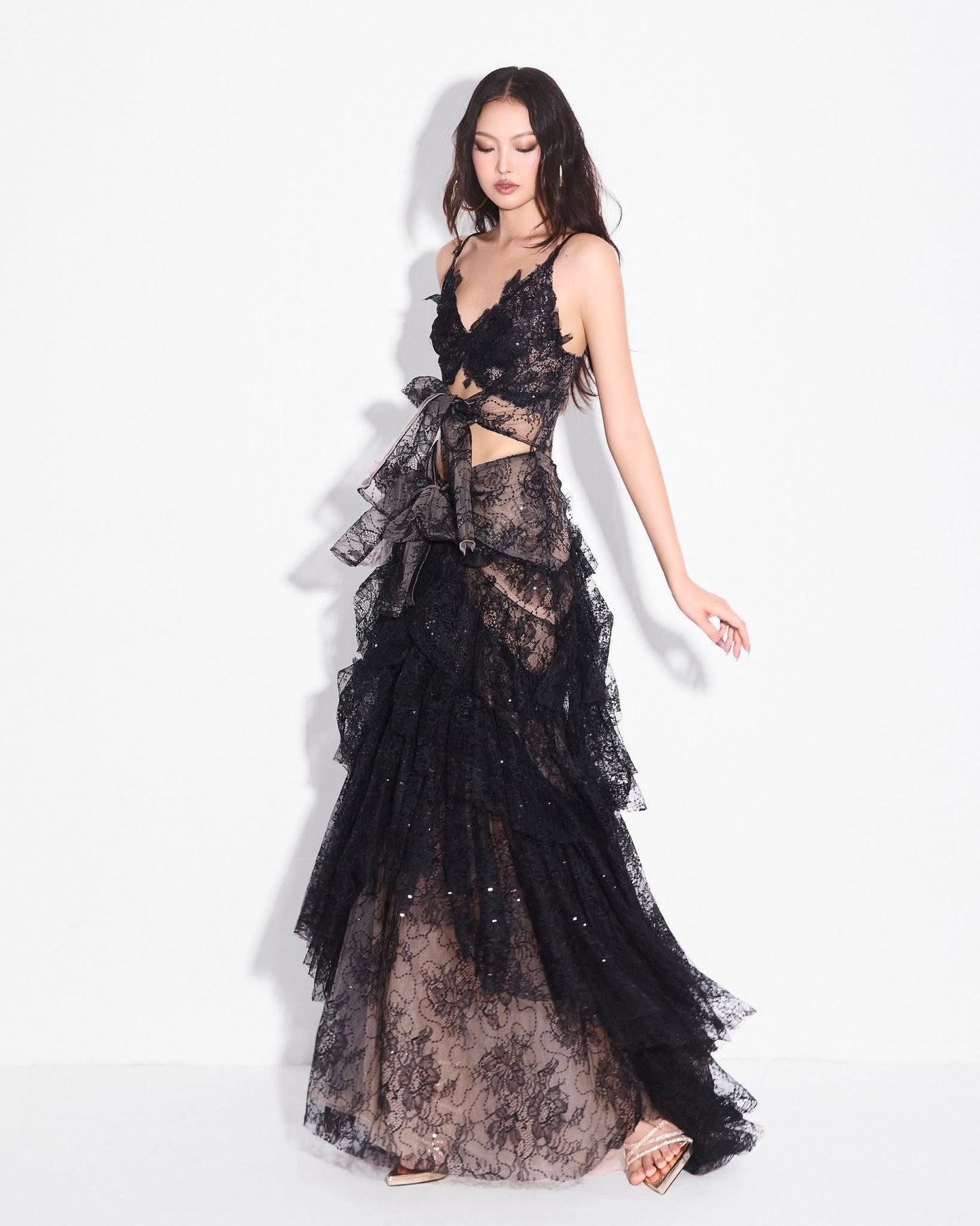 MAEL FEMME Black Sexy Lace Folie Maxi Dress